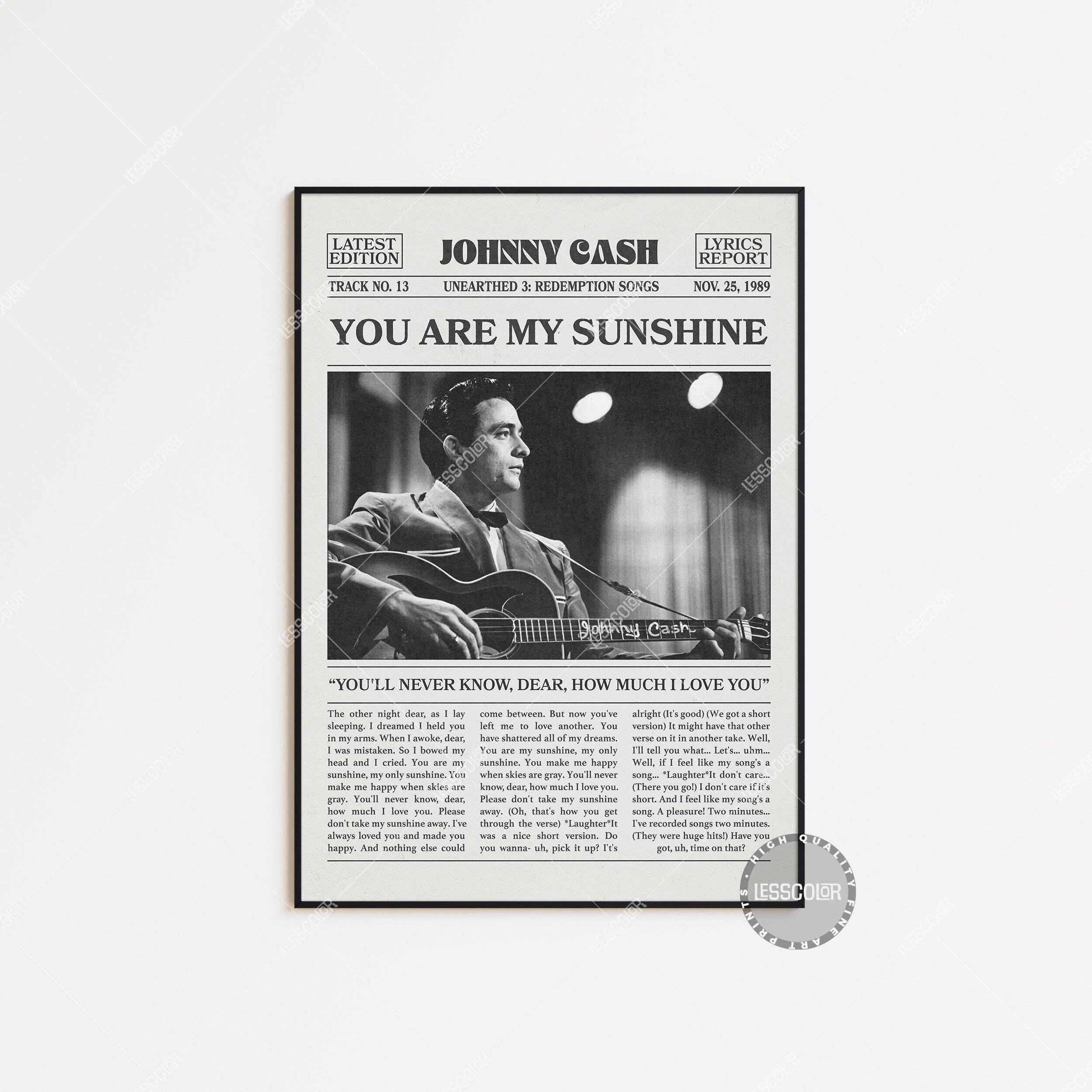 Johnny Cash Retro Newspaper Print, You Are My Sunshine Poster