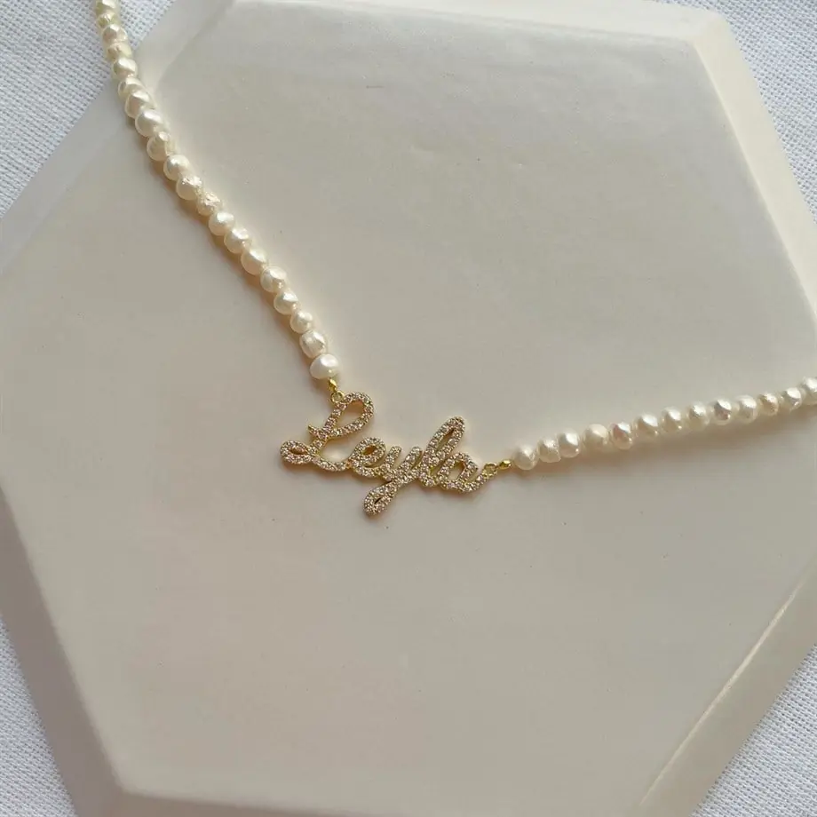 Kişiye Özel Zircon Taşlı İnci İsim Kolye 925 Ayar Gümüş