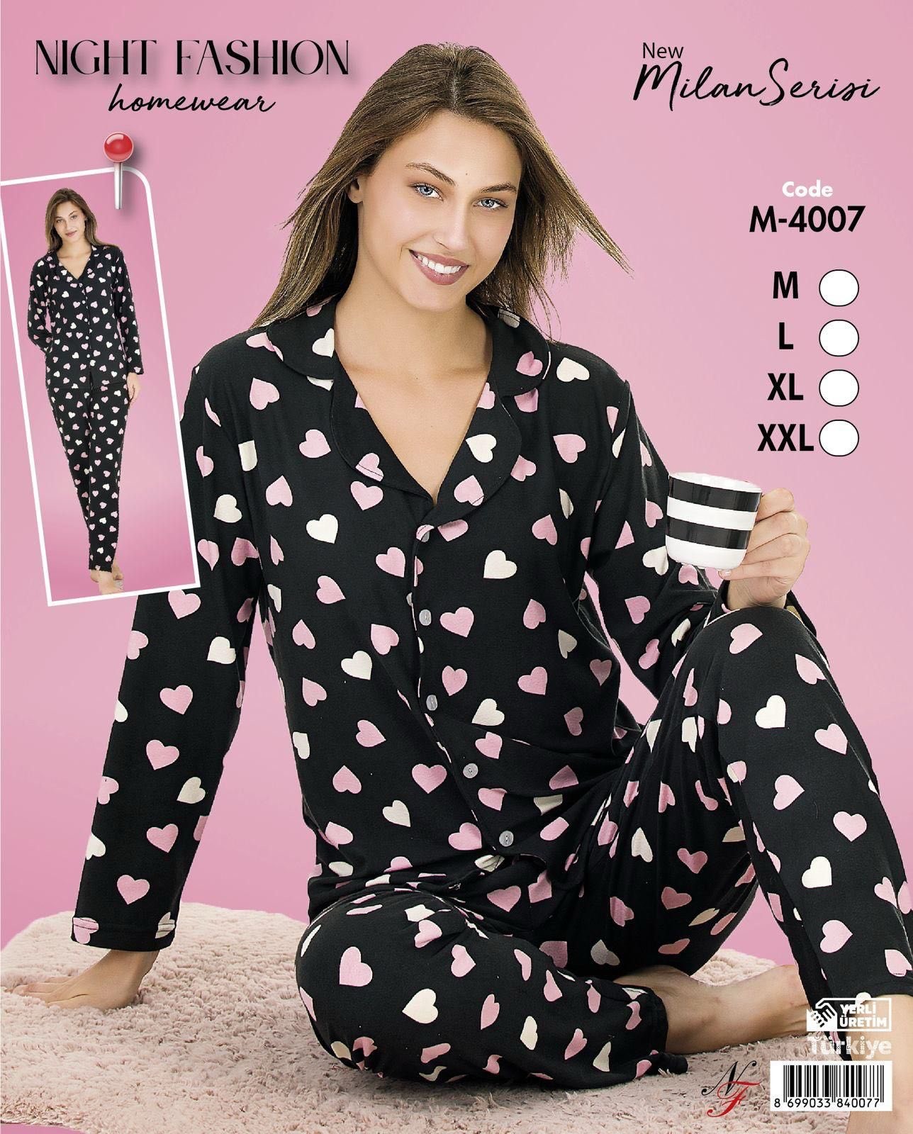 Kadın İkili Pijama Takımı Milan Kumaş Kalp Detaylı Siyah Renk M-4007