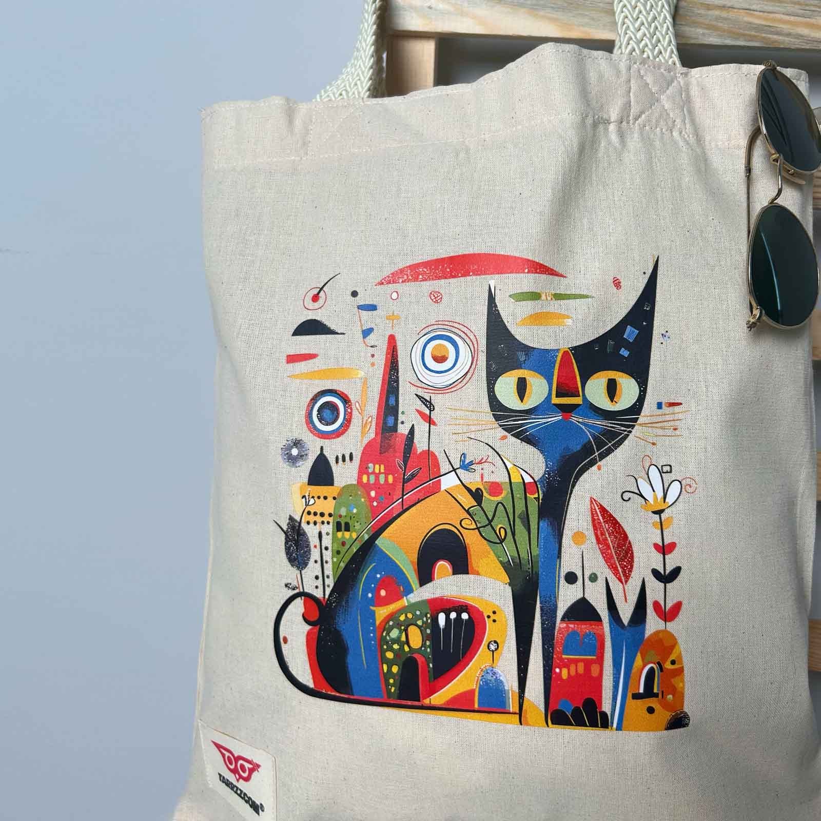 Natural Canvas Tote Bag Colourful Cat