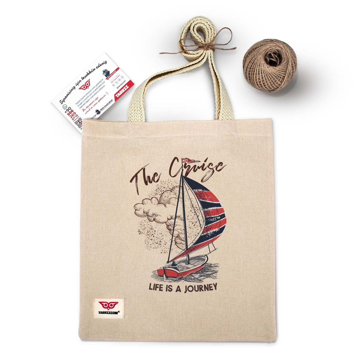 Natural Canvas Tote Bag Red Sailboat