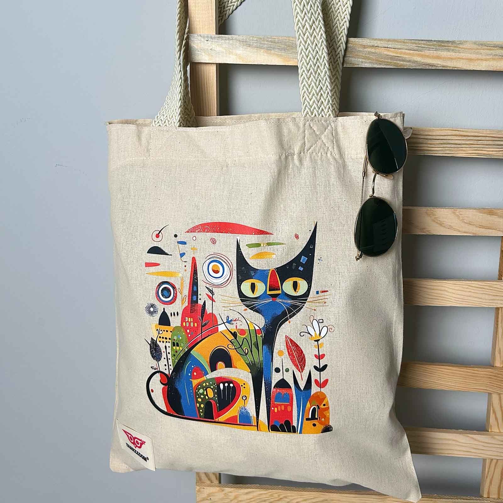 Natural Canvas Tote Bag Colourful Cat