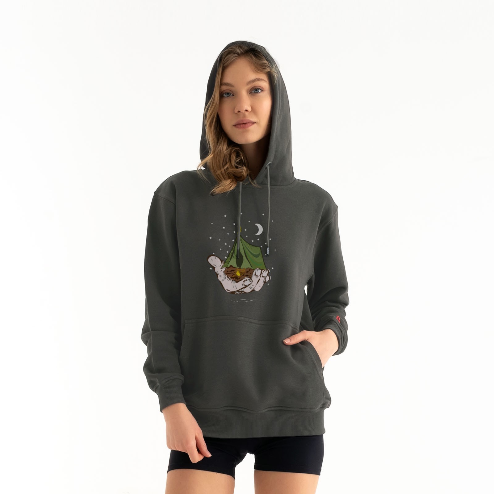 Kamp ve Gece Tasarım Kapşonlu Sweatshirt