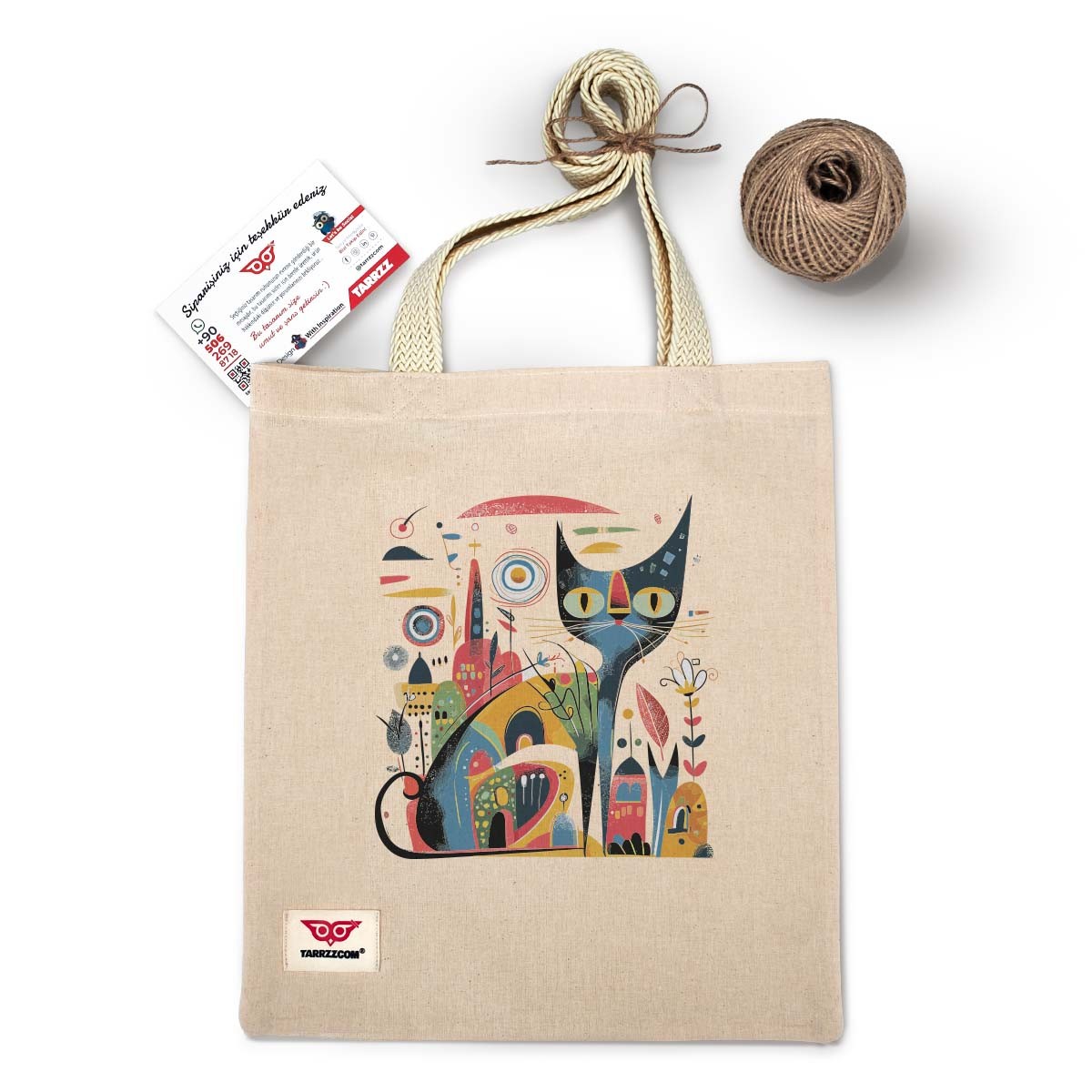 Natural Canvas Tote Bag Colourful Cat