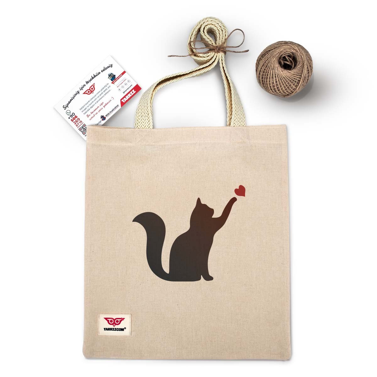 Ham Bez Çanta Tote Bag Kedi ve Kalp