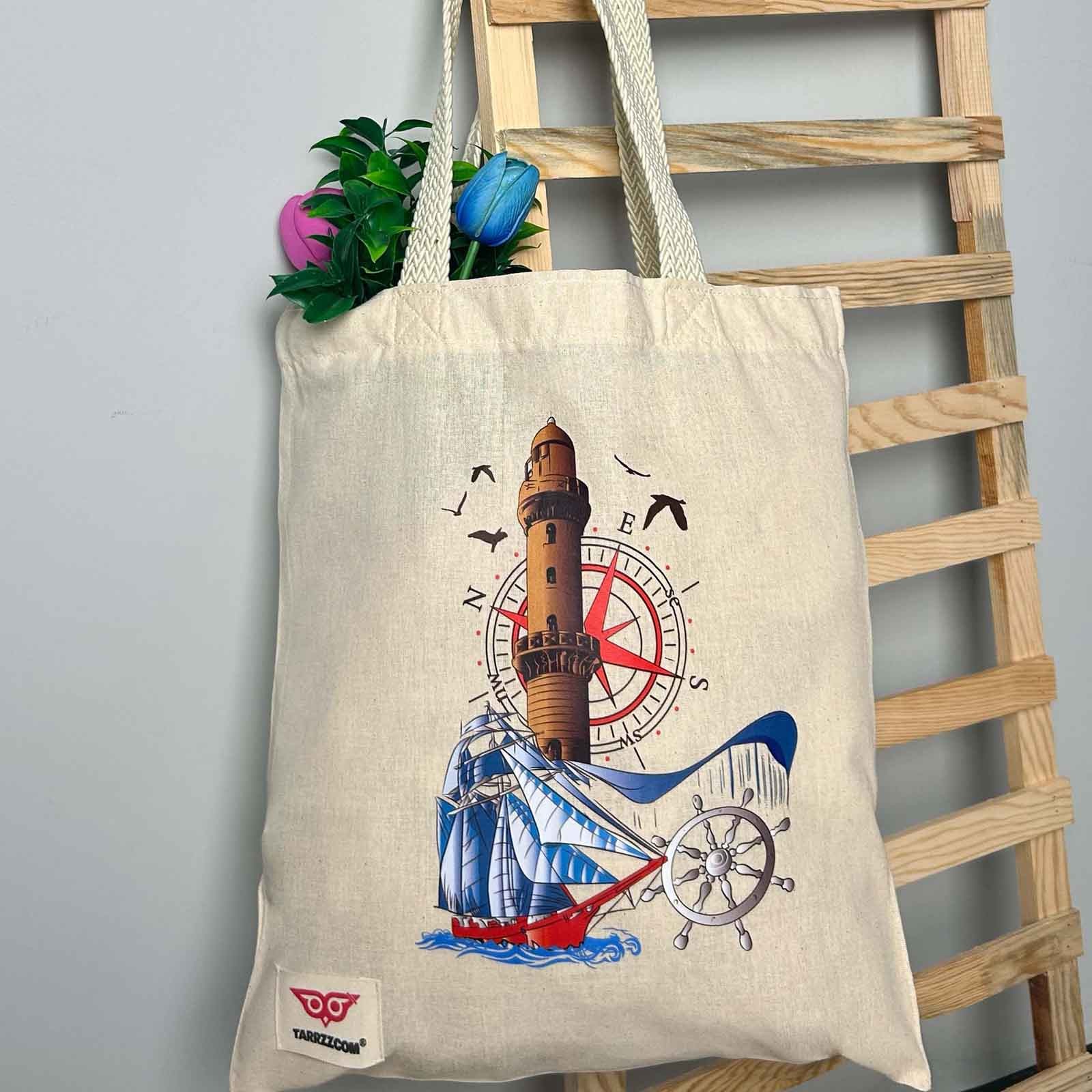 Ham Bez Çanta Tote Bag Deniz Feneri ve Yelkenli