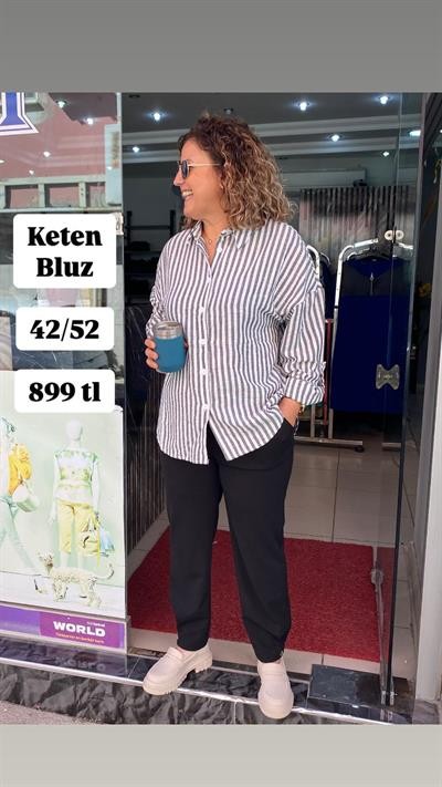 ÇİZGİLİ PAMUK KETEN GÖMLEK-BÜYÜK BEDEN UYUMLU
