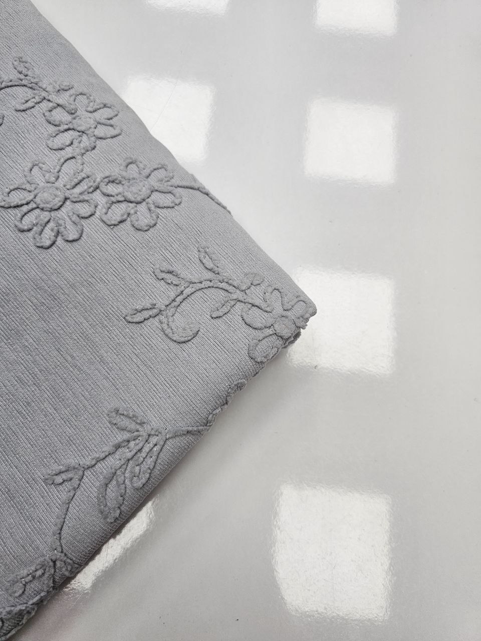 Gray Daisy Patterned Embroidered Hera Pique Fabric