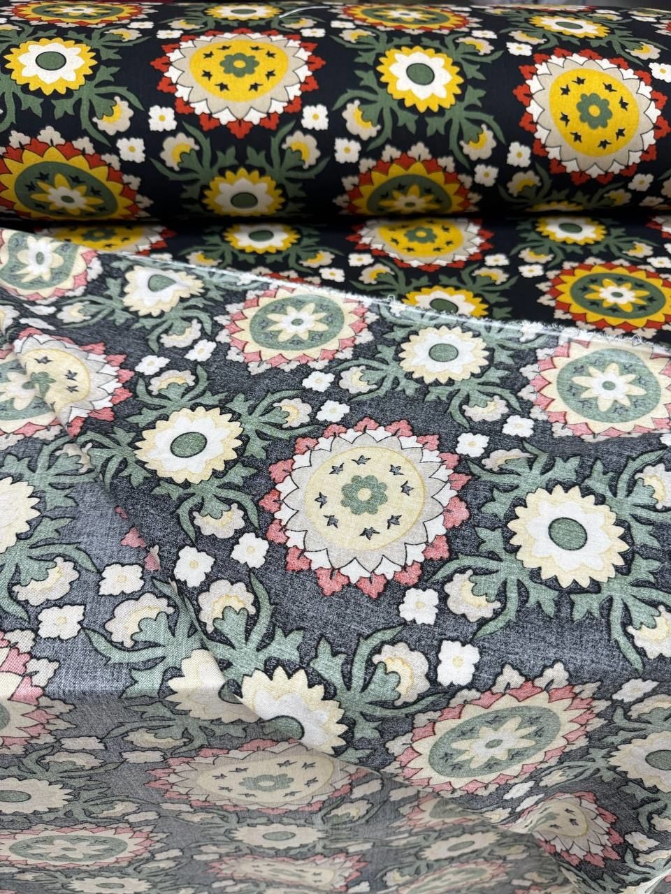 Sarı Motif Desen Pamuklu Empirme Viskon Kumaş