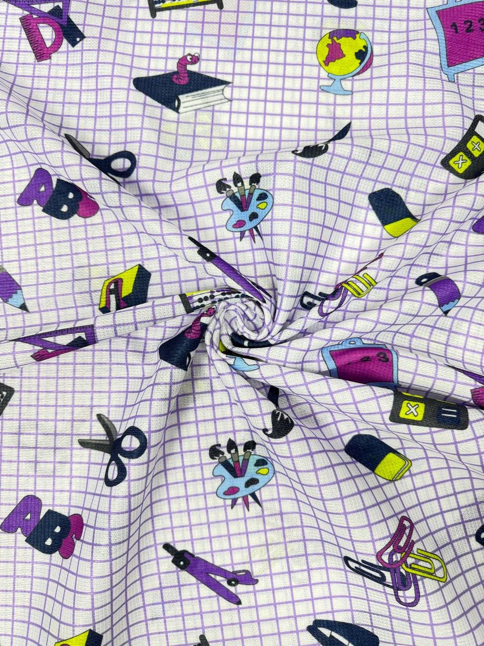 Blue School Themed Carefree Raschel Tablecloth Fabric