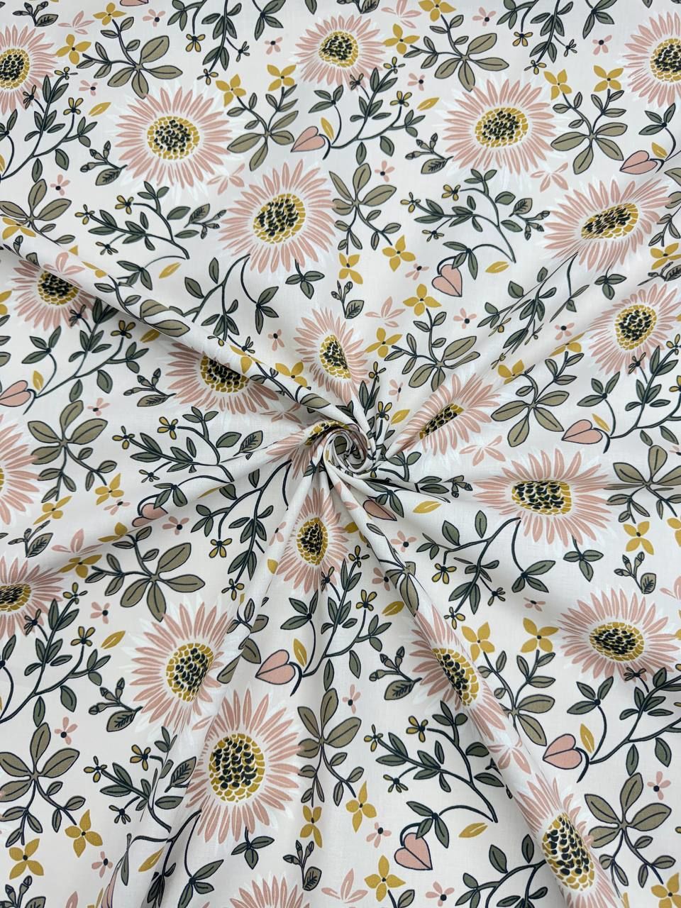 Pembe Ayçiçeği Desenli İthal Poplin Kumaş