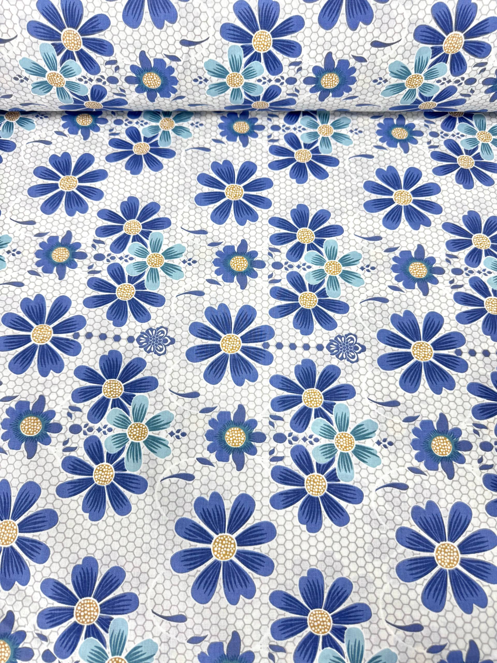 Premier Lotus Flower Pattern 100% Cotton Poplin Duvet Cover Fabric - Mavi