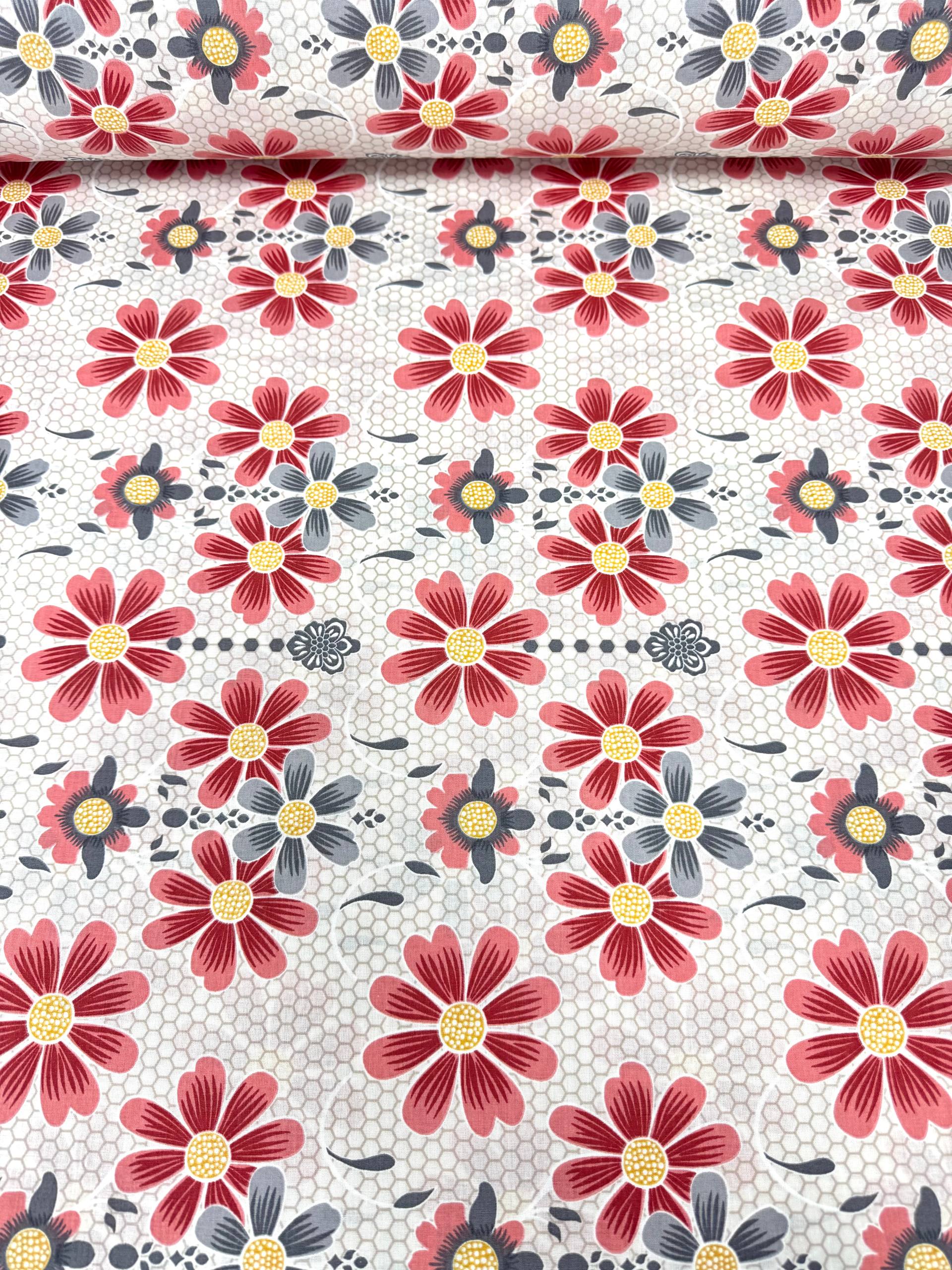 Premier Lotus Flower Pattern 100% Cotton Poplin Duvet Cover Fabric - Kırmızı
