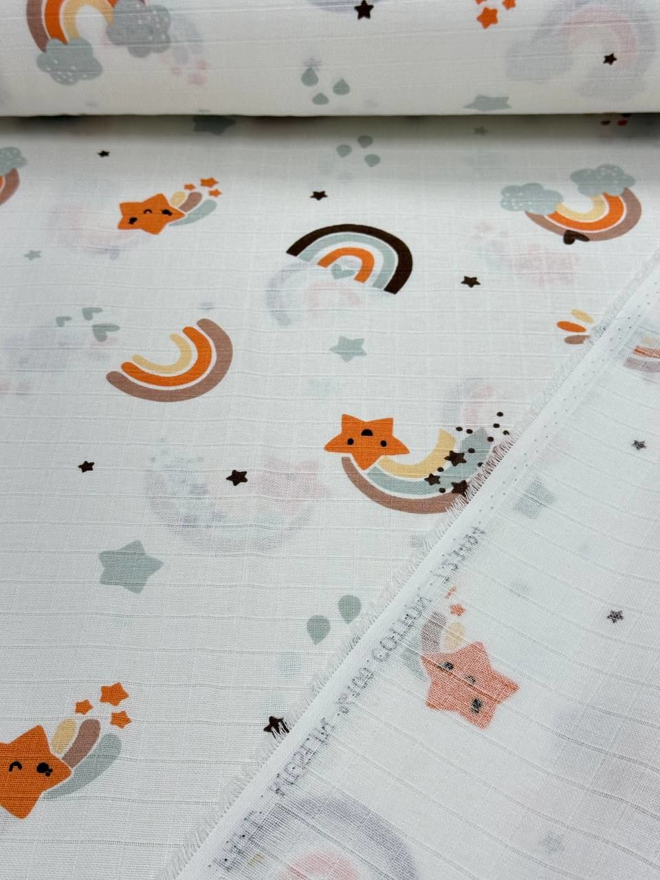 Cinnamon Rainbow Patterned Muslin Fabric - Muslin Cloth