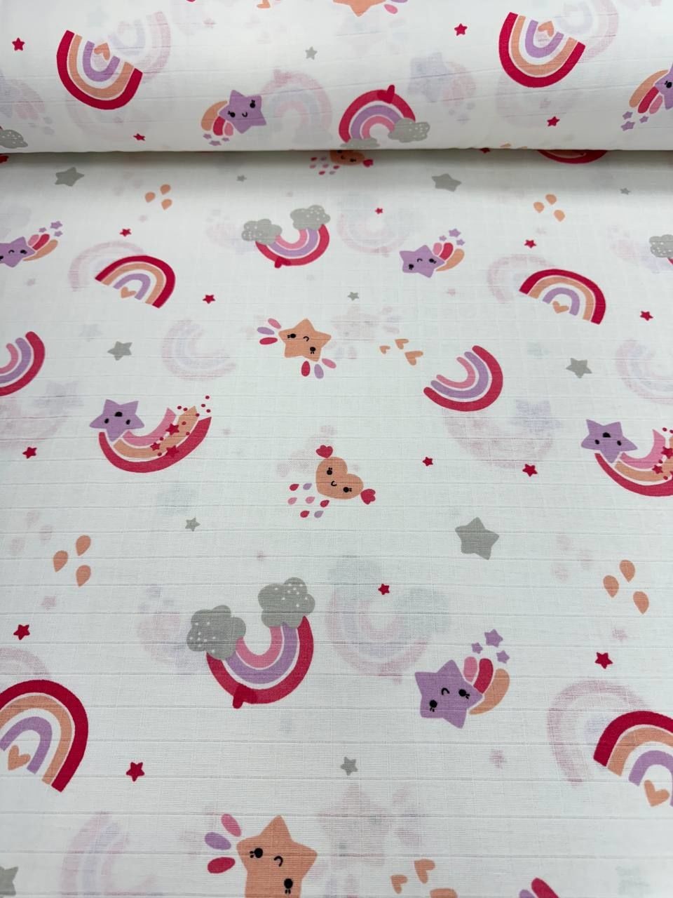 Pembe Gökkuşağı Desenli Müslin Kumaş - Müslin Bezi