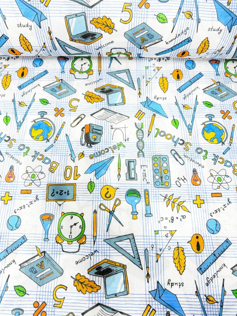 Blue School Themed Carefree Raschel Tablecloth Fabric