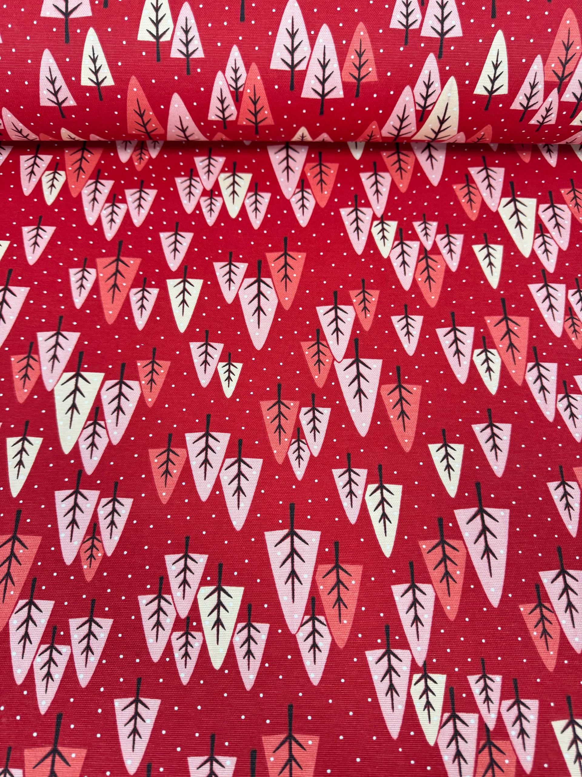 Çam Ağacı Desenli Duck Kumaş - Duck Bezi - Kırmızı