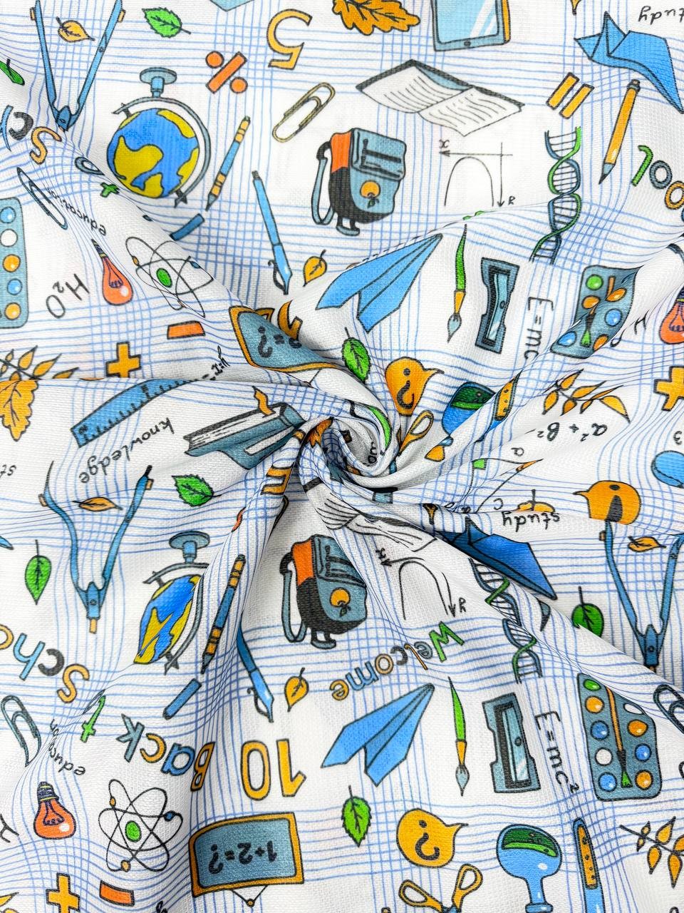 Blue School Themed Carefree Raschel Tablecloth Fabric
