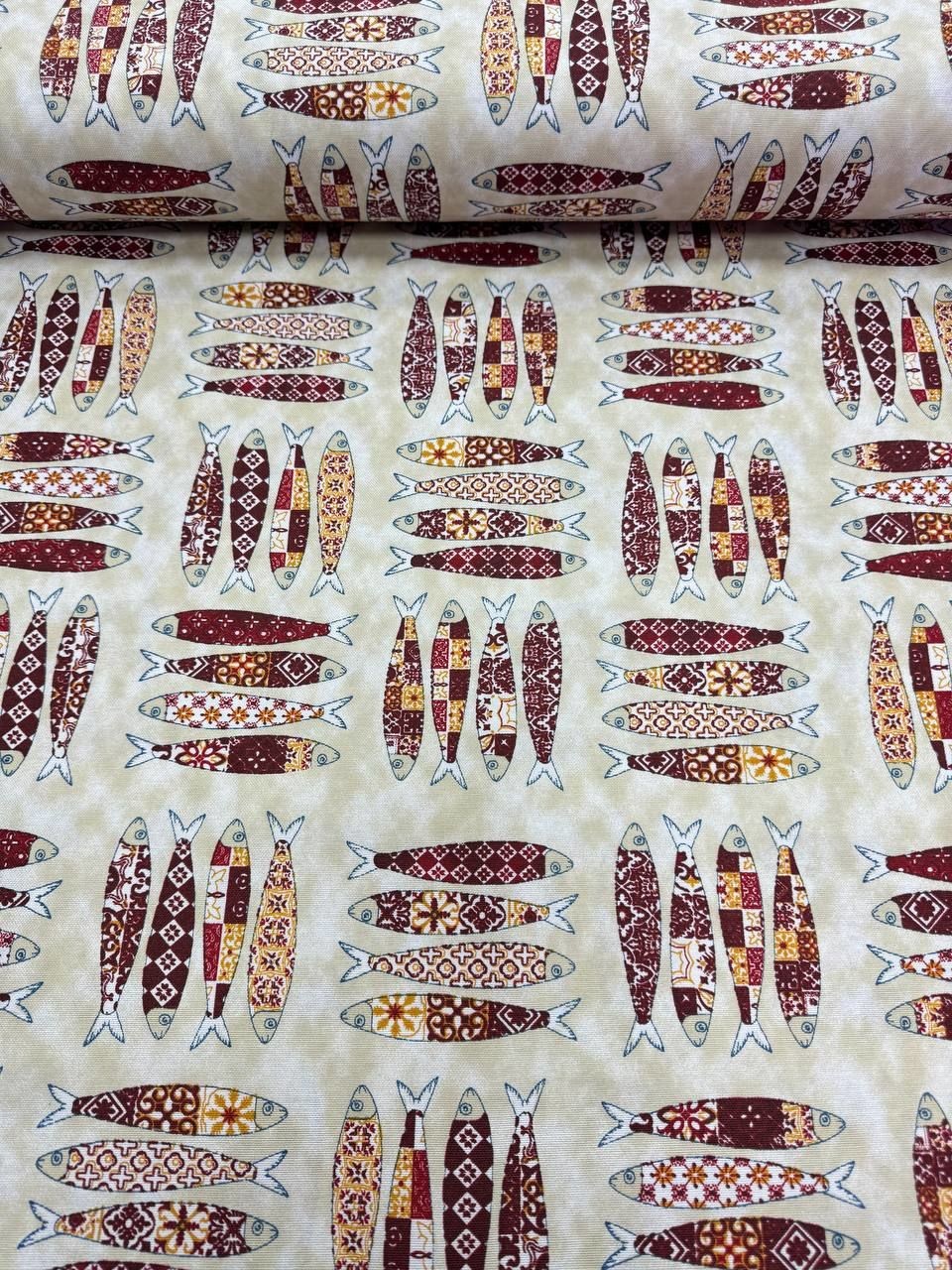 Bordo Etnik Balık Desenli Duck Kumaş - Duck Bezi