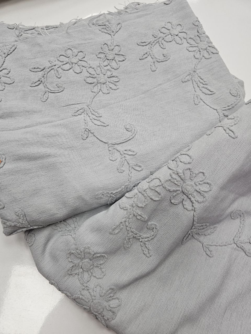 Gray Daisy Patterned Embroidered Hera Pique Fabric