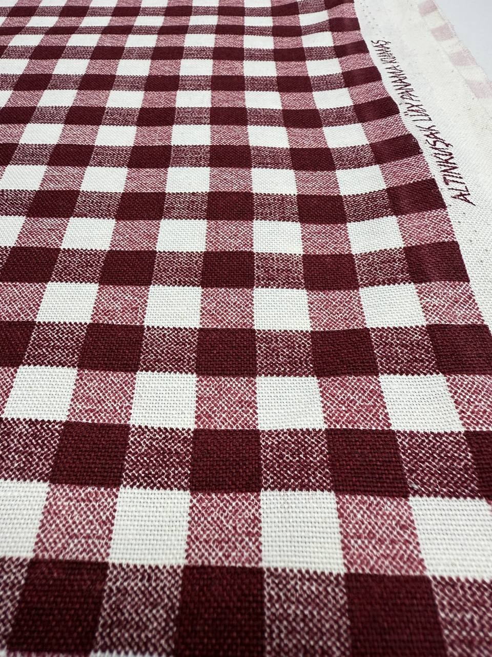 Bordo Kare Desenli Duck Kumaş - Duck Bezi