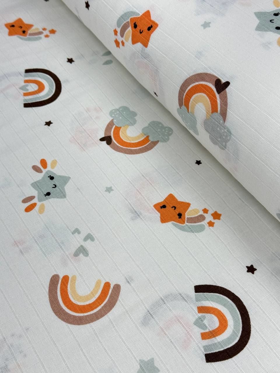 Cinnamon Rainbow Patterned Muslin Fabric - Muslin Cloth