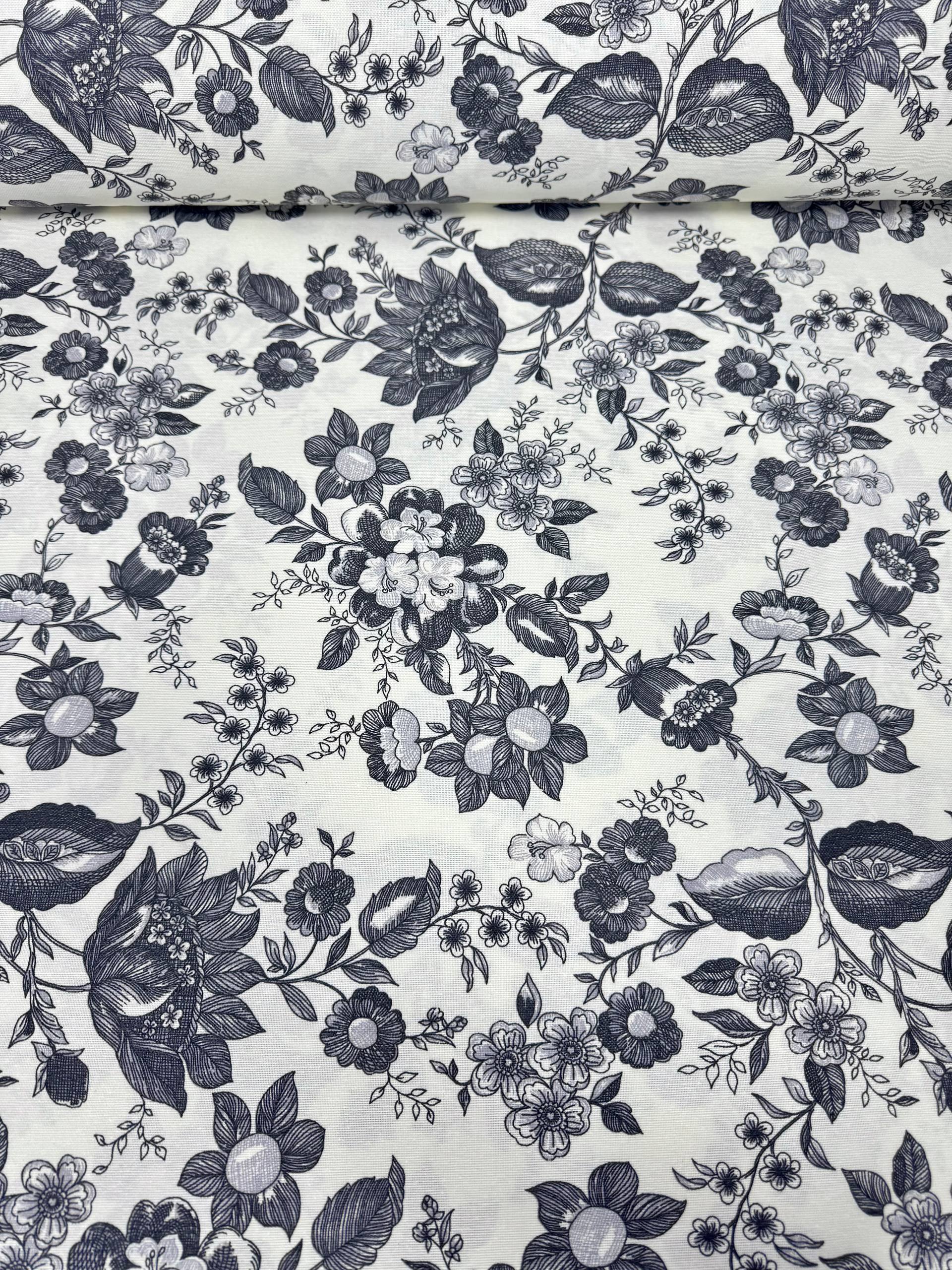 Siyah Çiçek Desenli Duck Kumaş - Duck Bezi