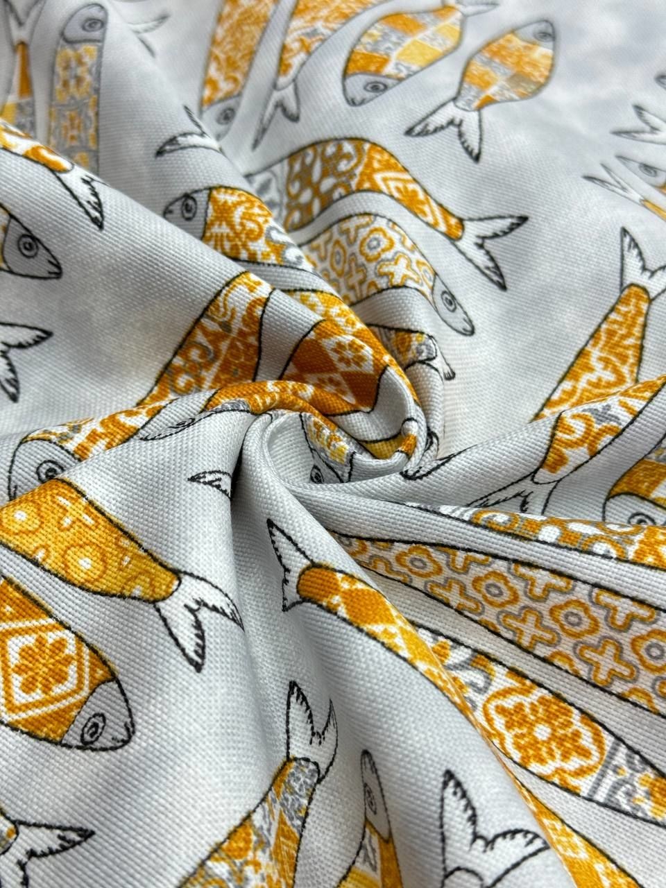 Hardal Etnik Balık Desenli Duck Kumaş - Duck Bezi