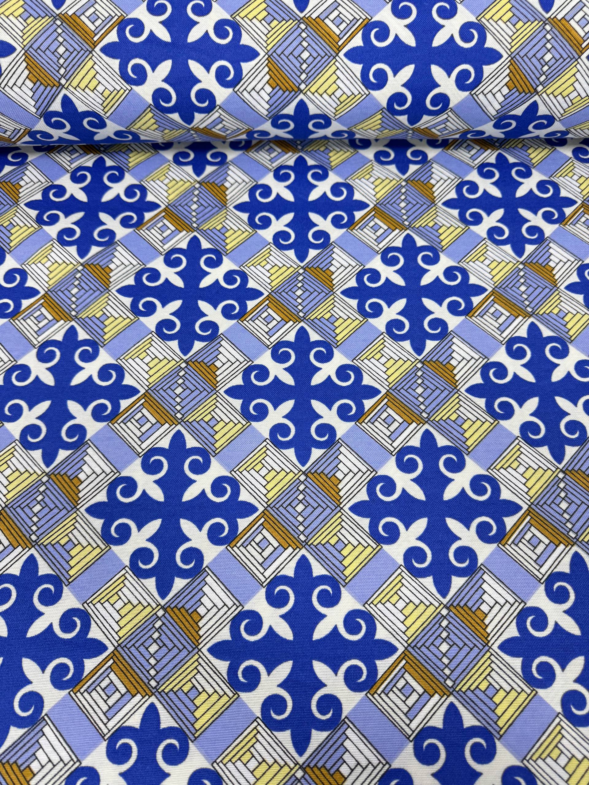 Mavi Çini Motifi Desenli Duck Kumaş - Duck Bezi