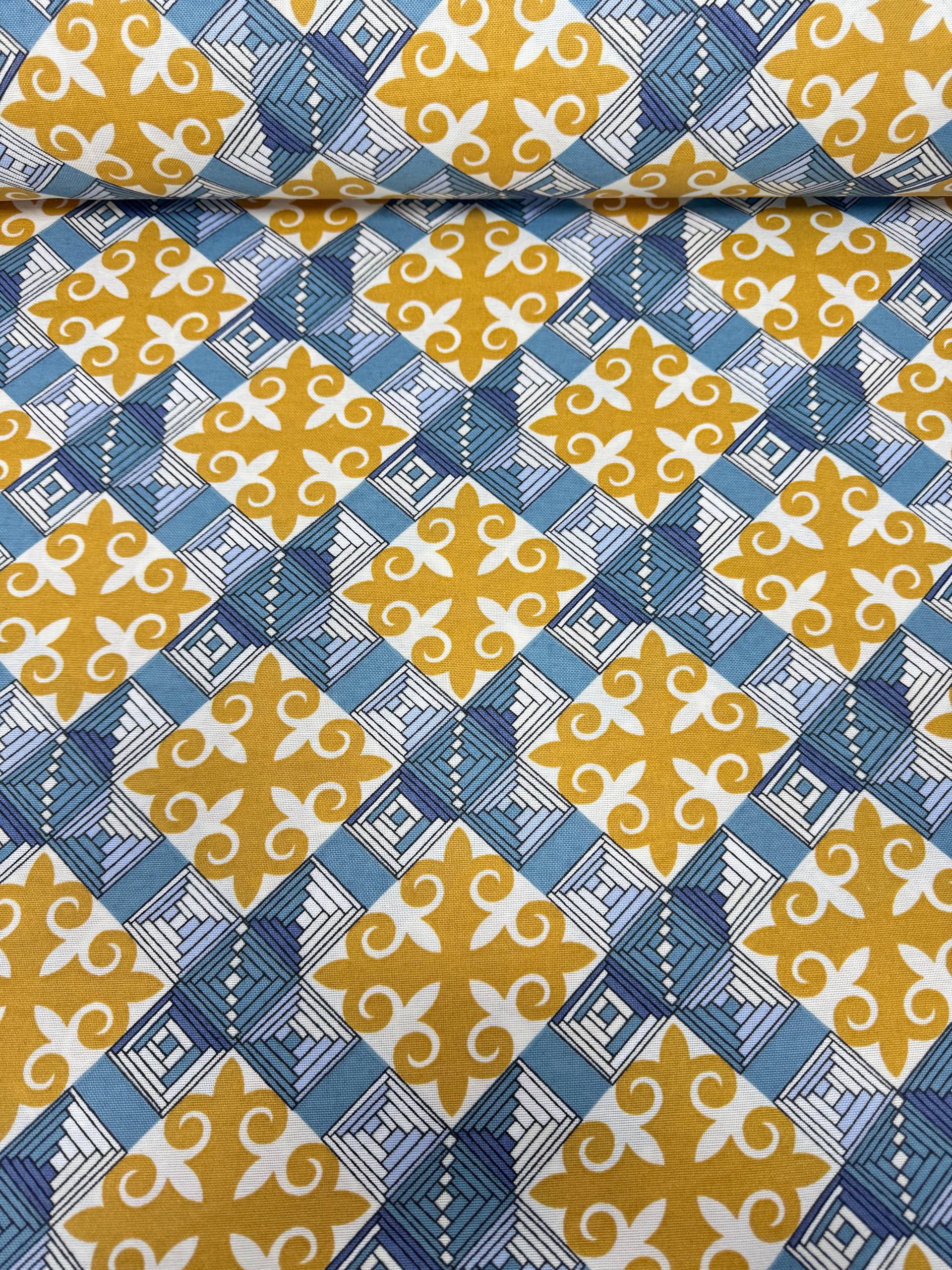 Hardal Çini Motifi Desenli Duck Kumaş - Duck Bezi