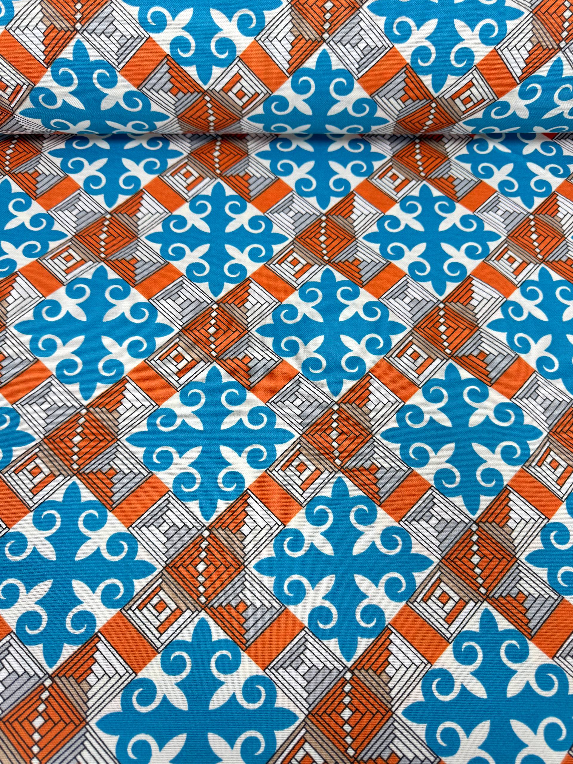 Turkuaz Çini Motifi Desenli Duck Kumaş - Duck Bezi