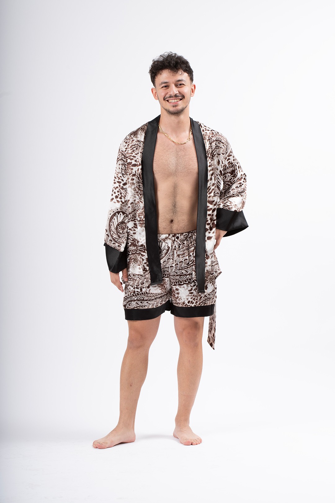 İpek Erkek Leopar Kimono Şort Set