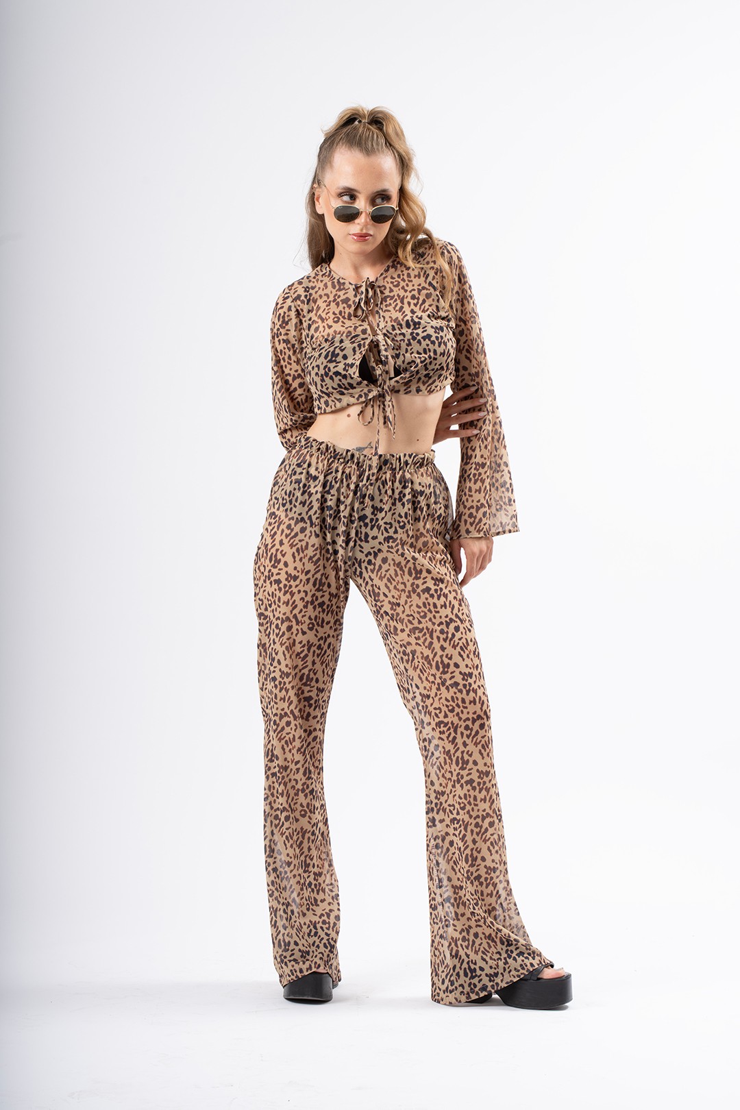 Leopar Tül Hırka ve Pantalon