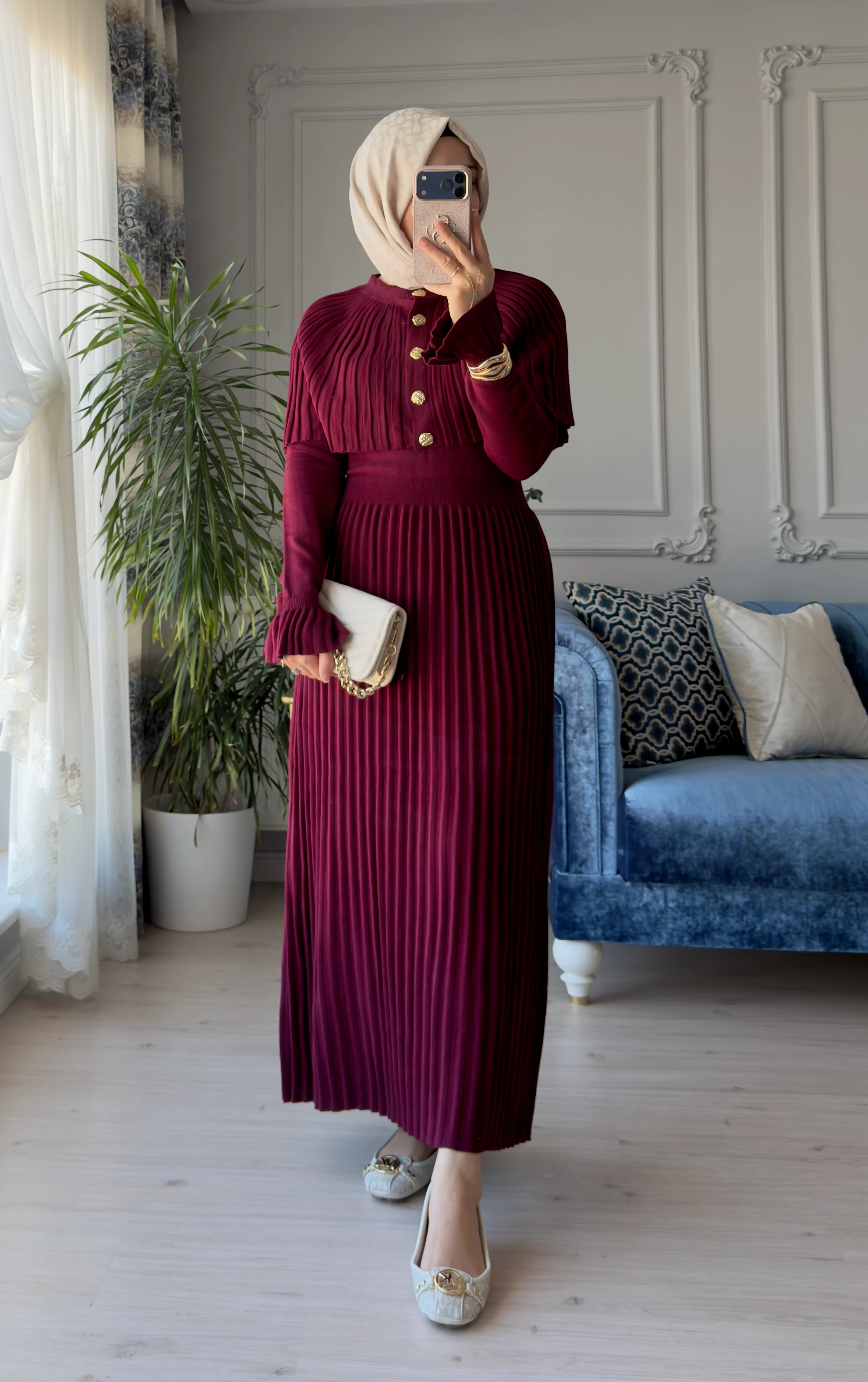 Afra Piliseli Elbise Bordo