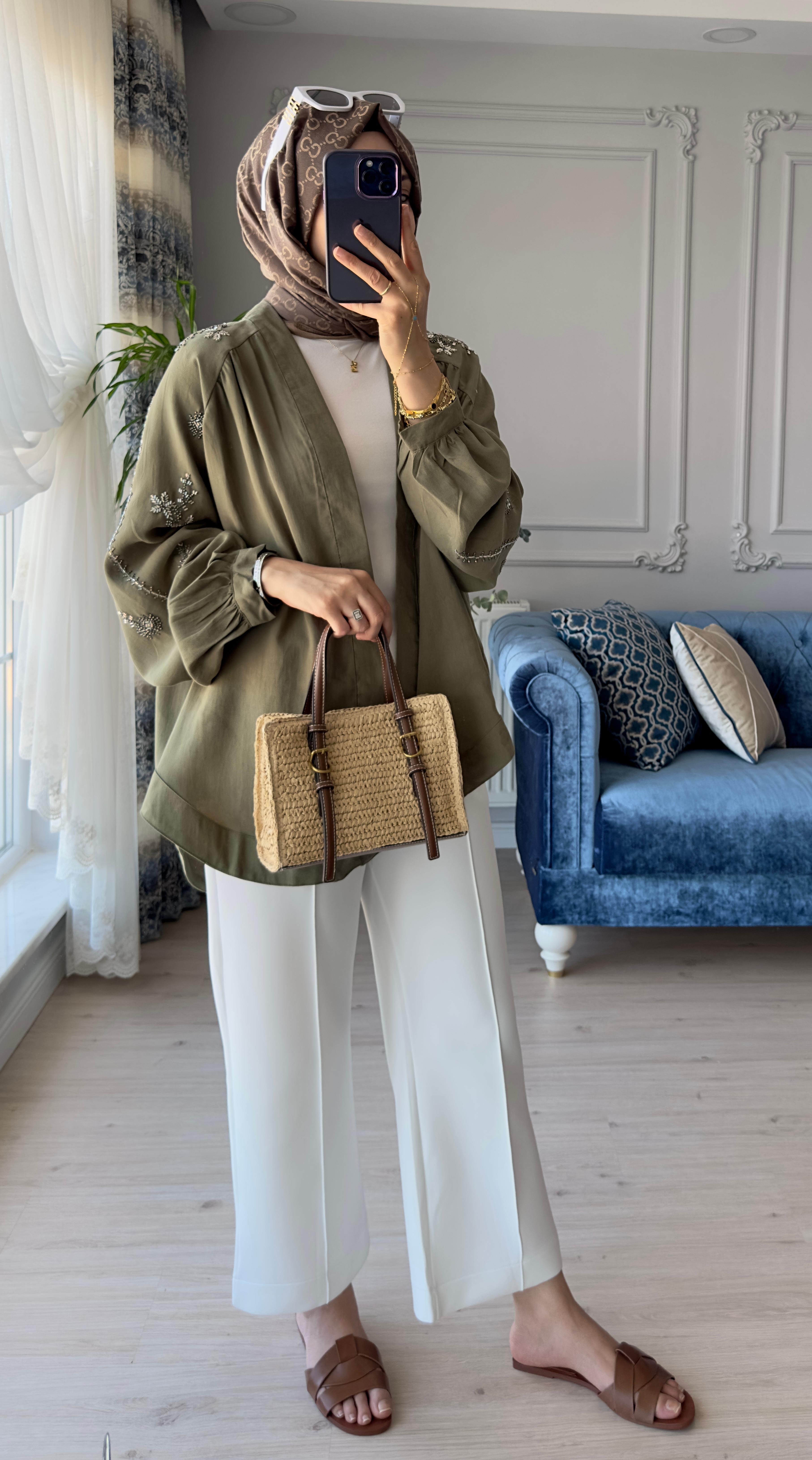 Boncuk İşlemeli Kimono Haki