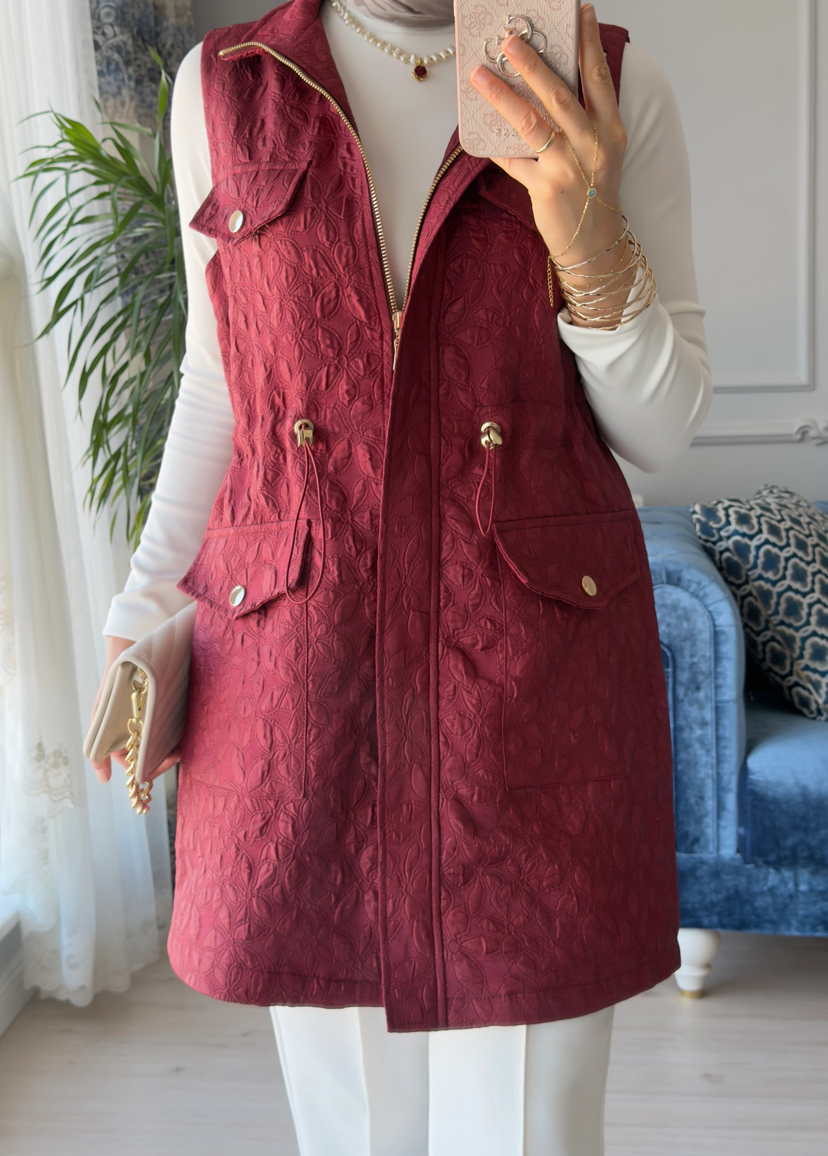 Kapitone Yelek Bordo