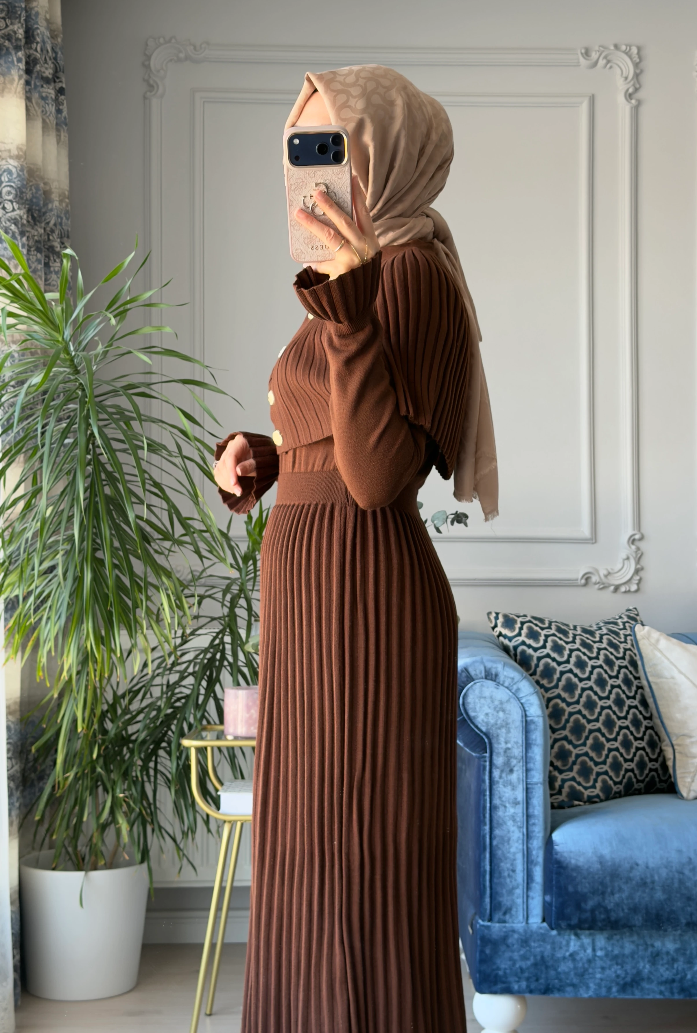 Afra Piliseli Elbise Kahve 