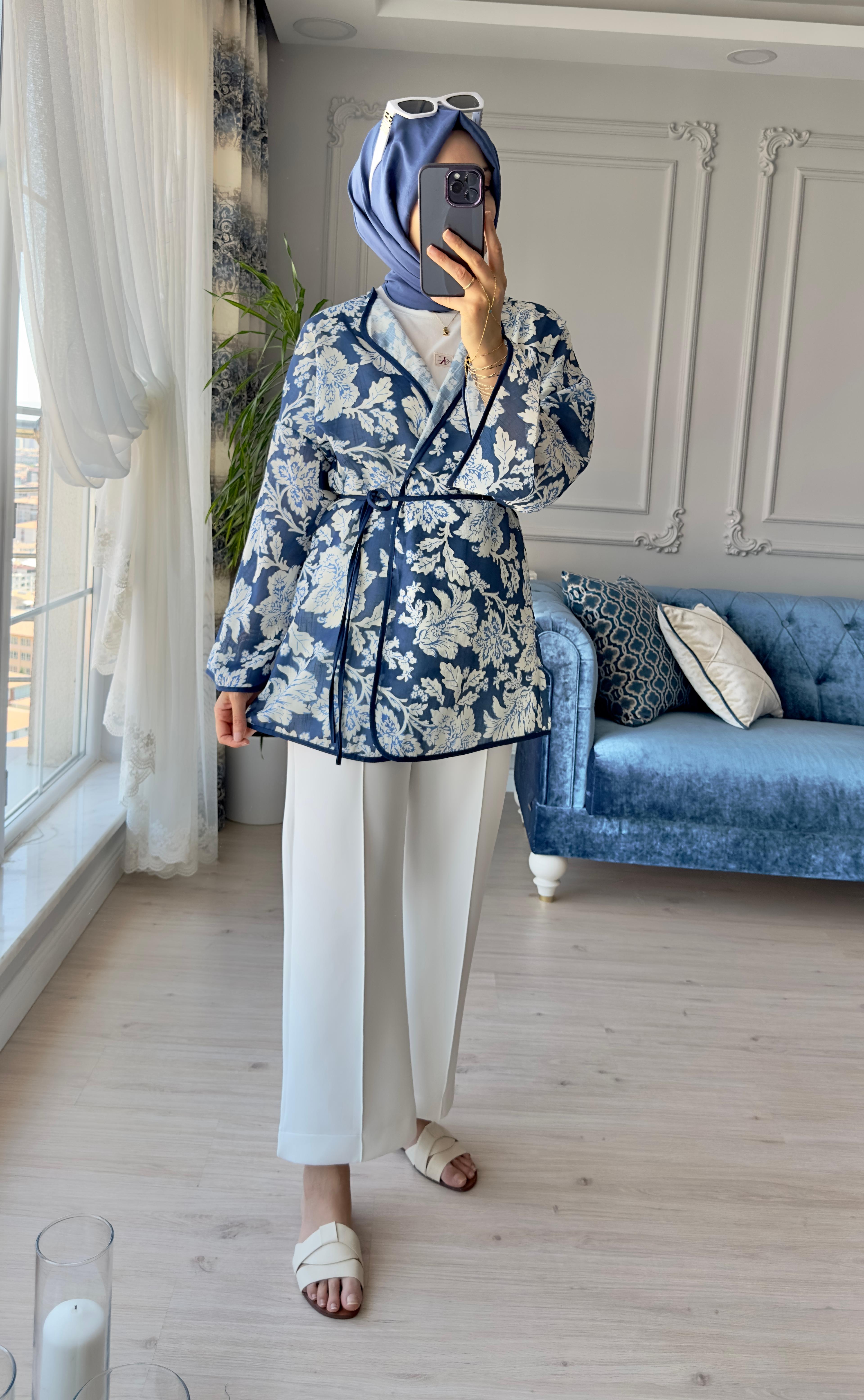 Mihra Desenli Kimono Mavi