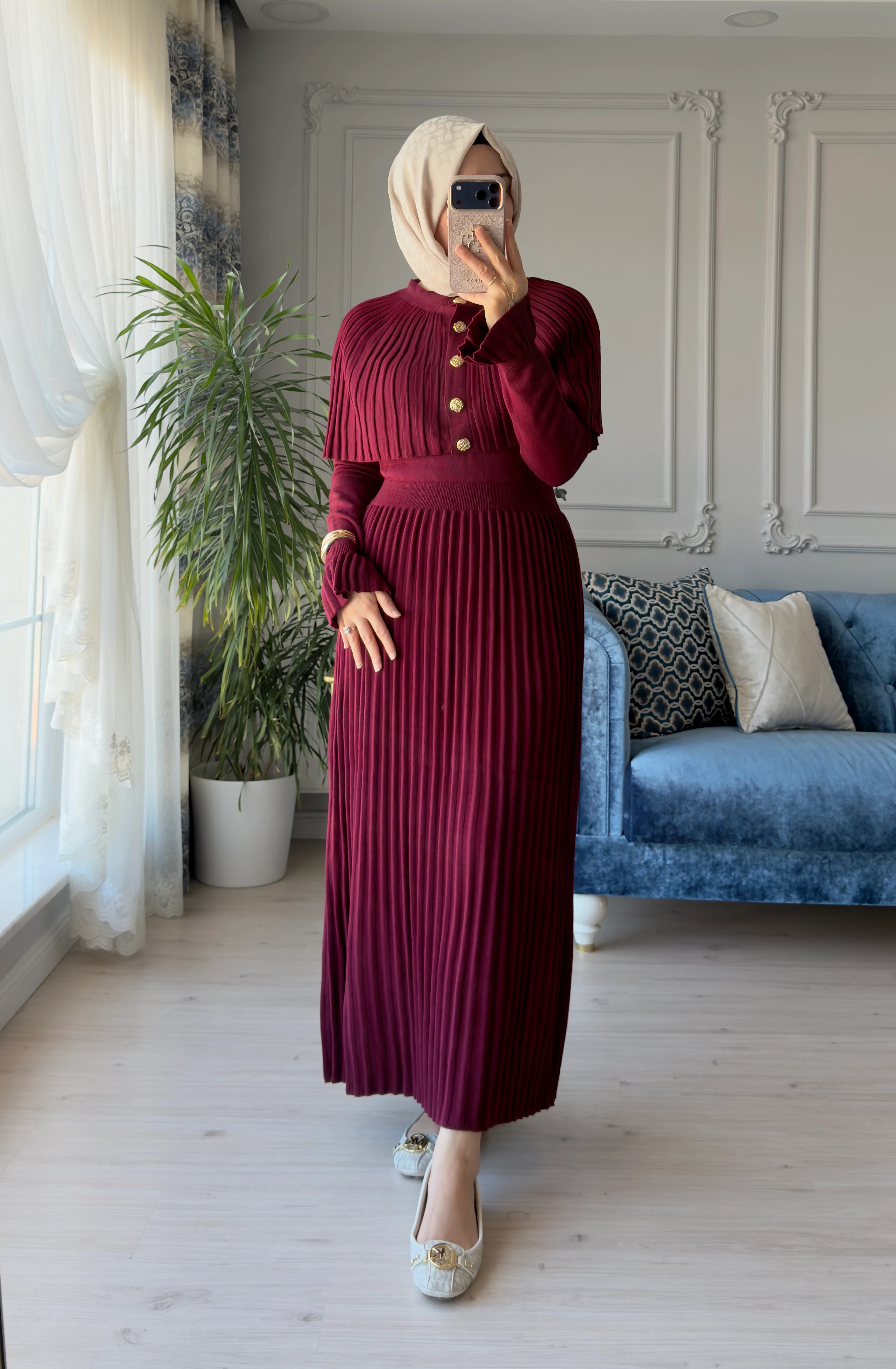 Afra Piliseli Elbise Bordo