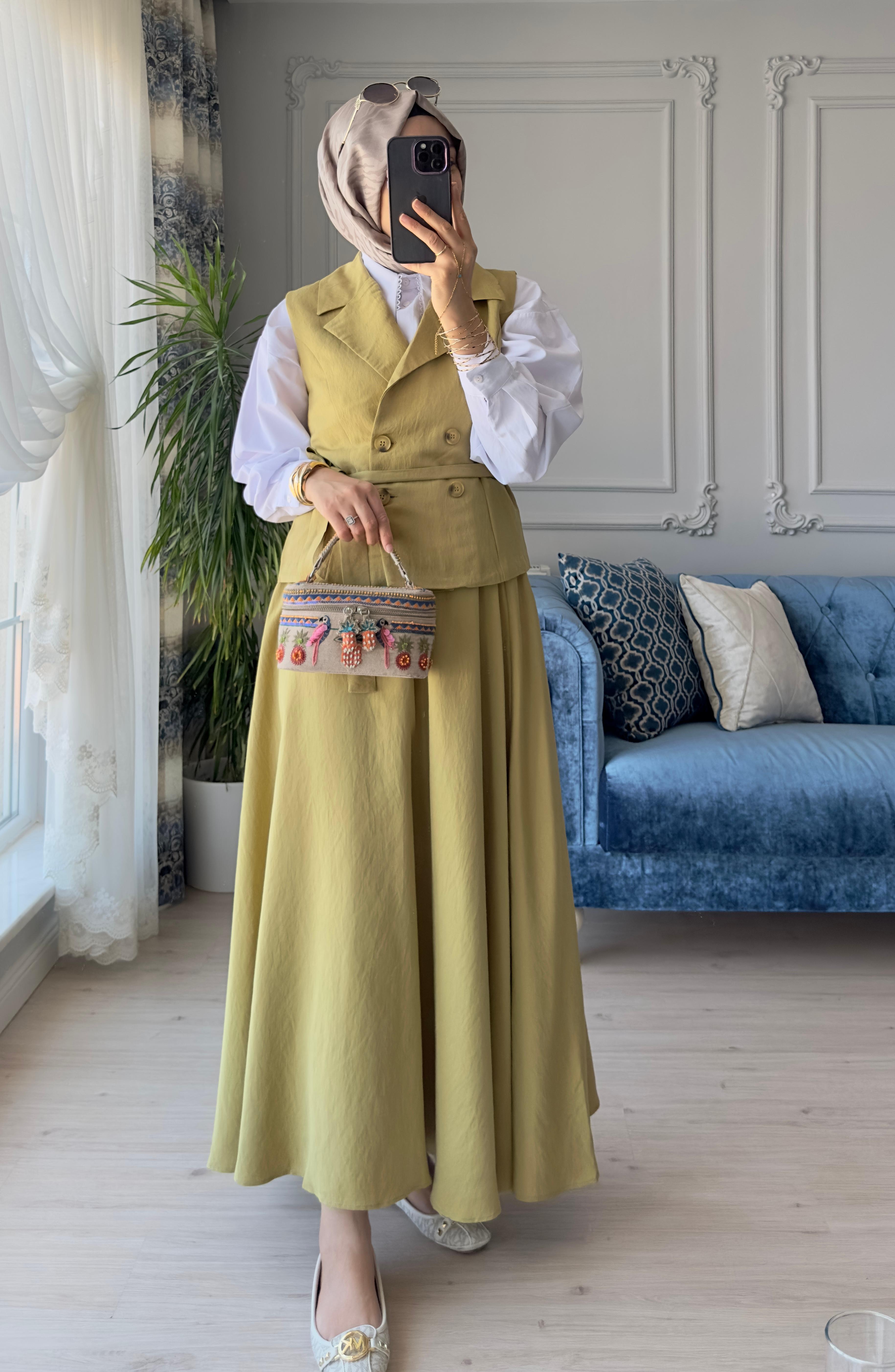 Yelekli Etek Takım Olive