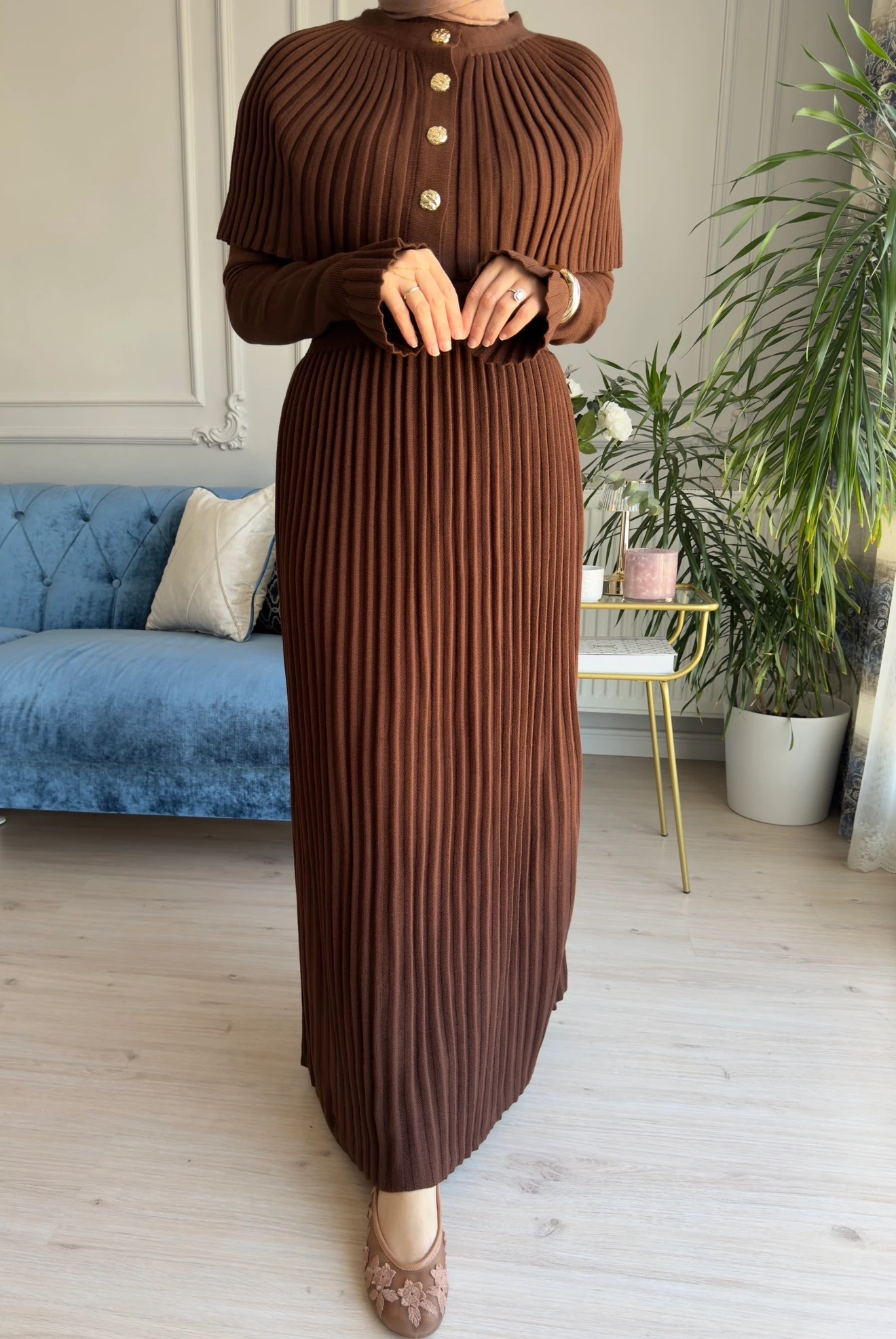 Afra Piliseli Elbise Kahve 