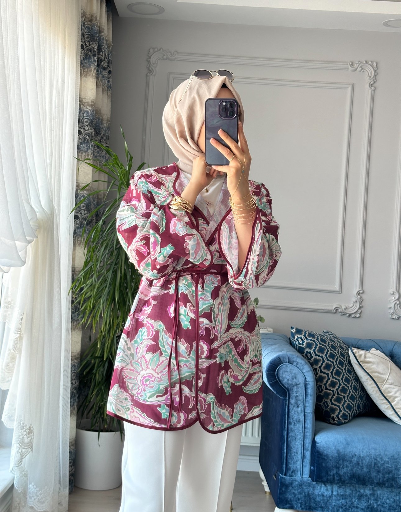 Mihra Desenli Kimono Bordo