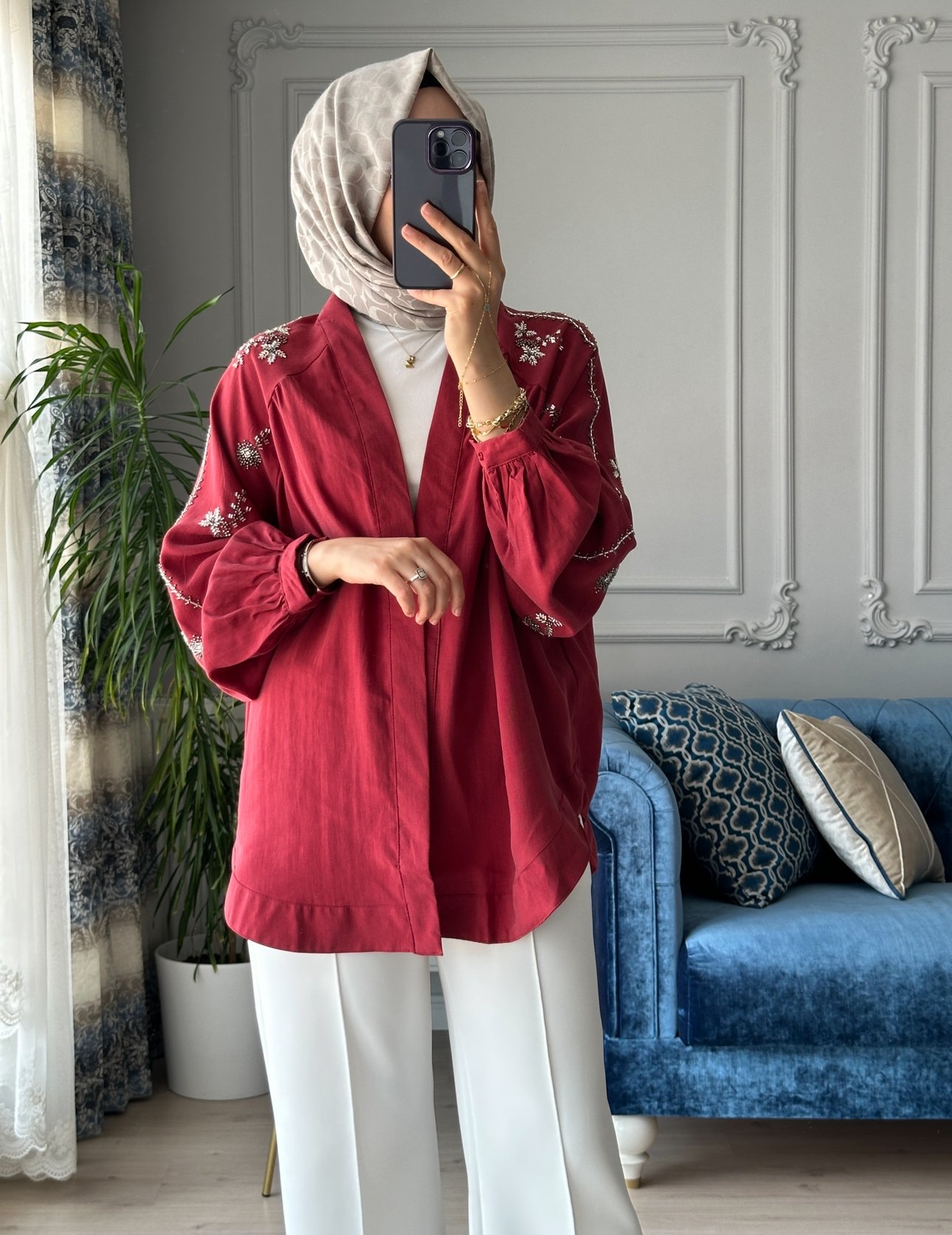 Boncuk İşlemeli Kimono Bordo