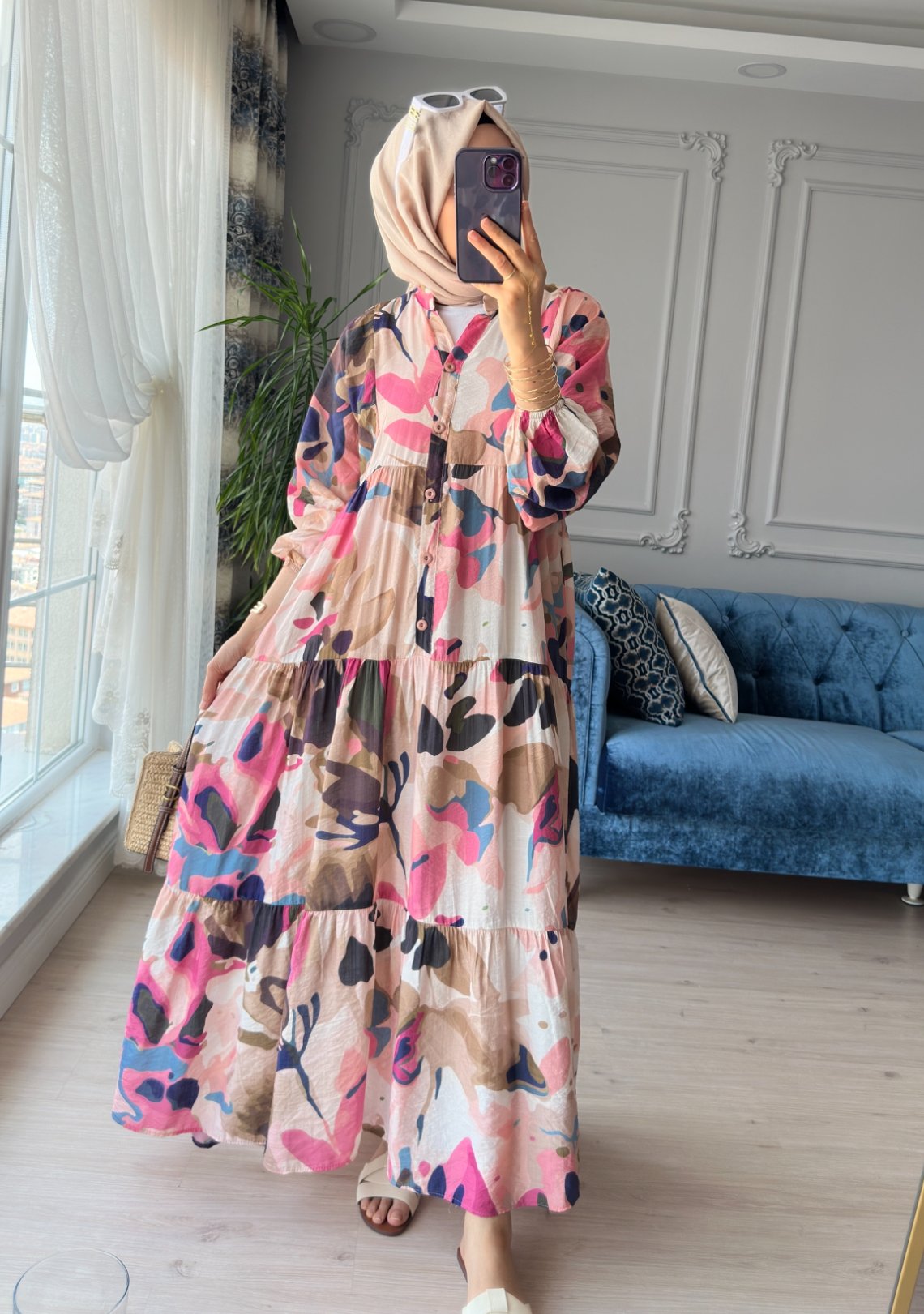 Desenli Elbise Pembe