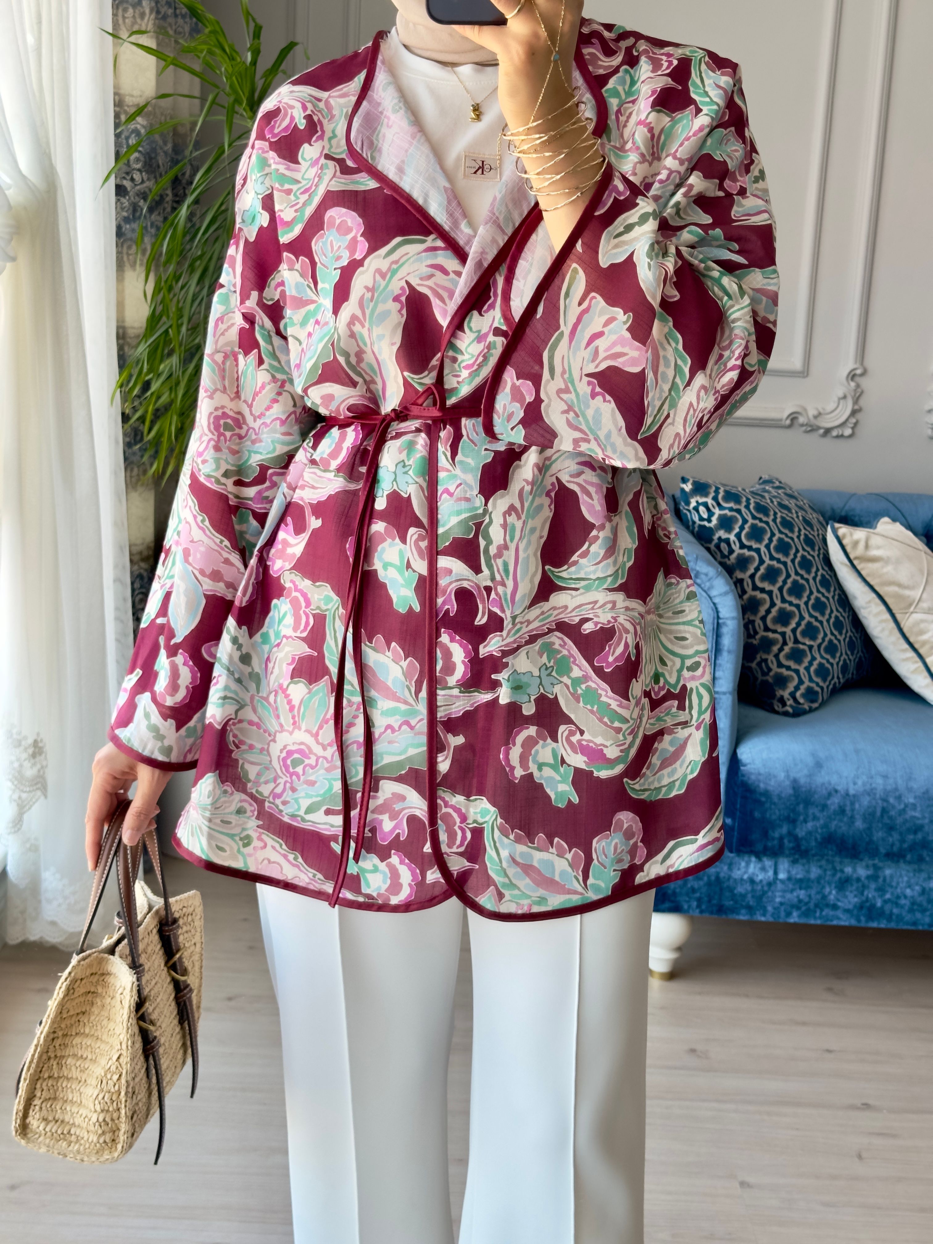 Mihra Desenli Kimono Bordo
