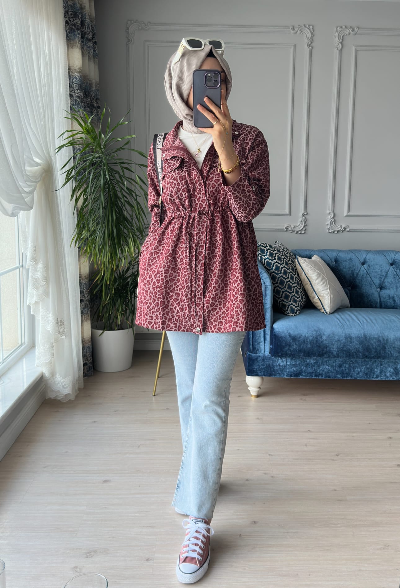 Leopar Desen Ceket Bordo