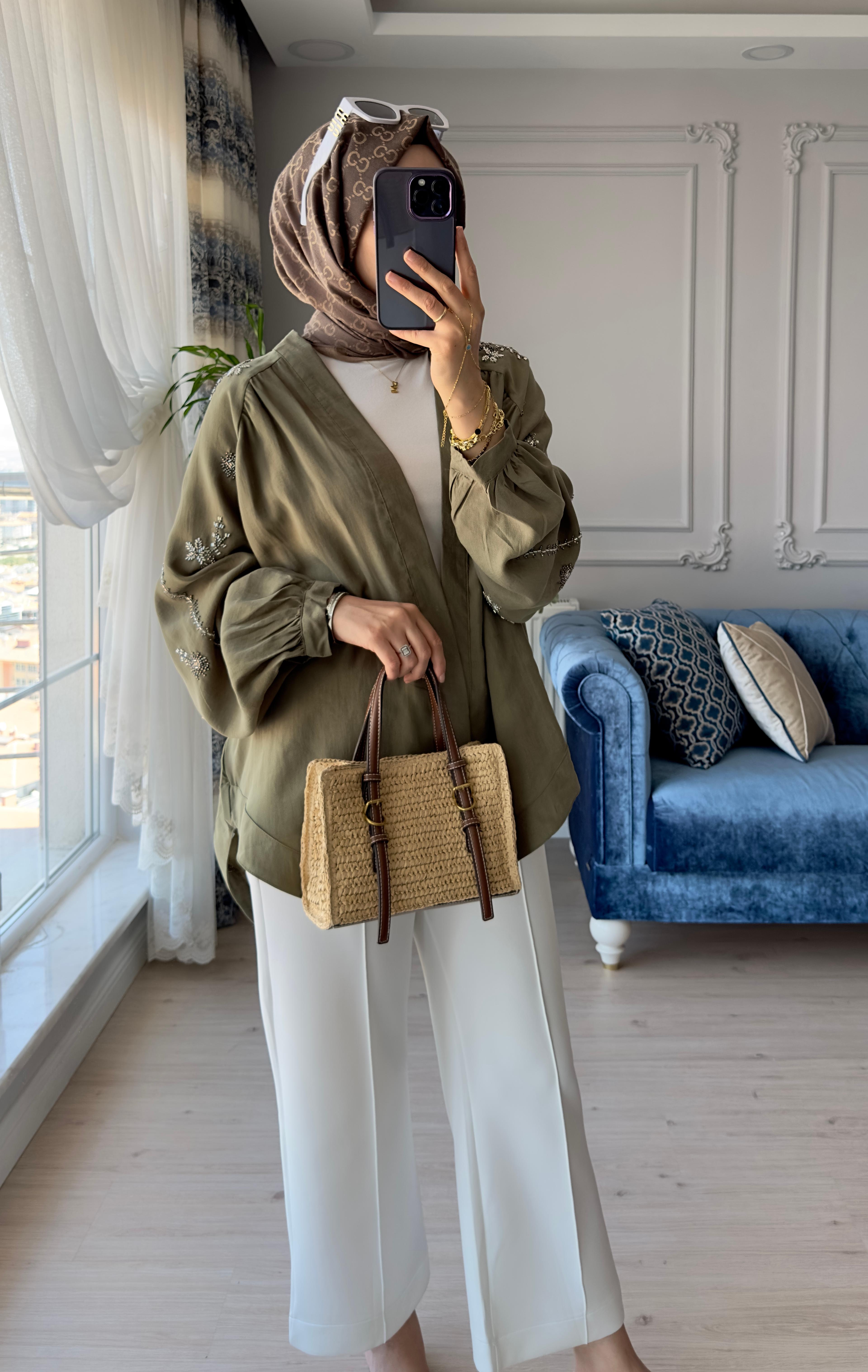 Boncuk İşlemeli Kimono Haki
