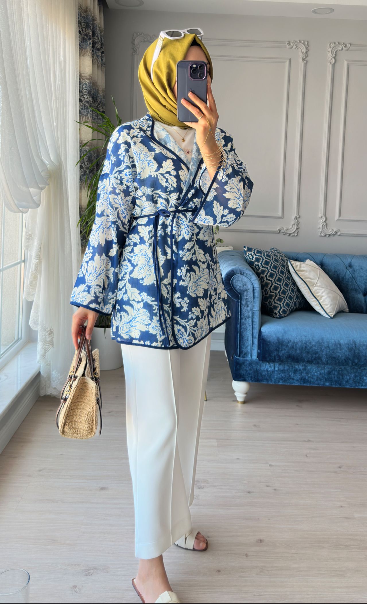 Mihra Desenli Kimono Mavi