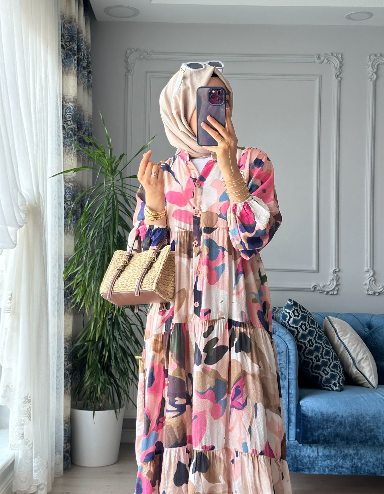 Desenli Elbise Pembe