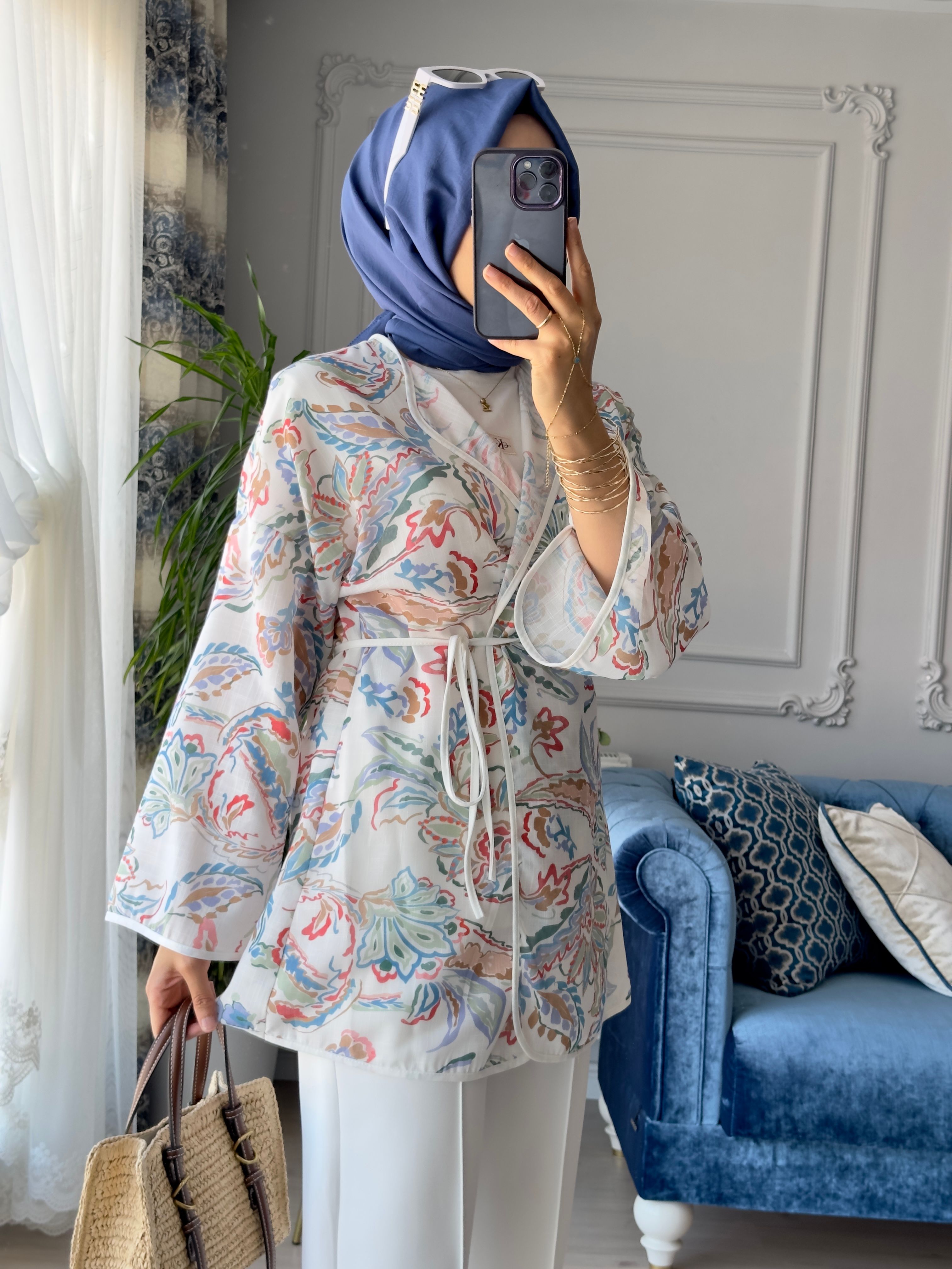 Mihra Desenli Kimono Ekru